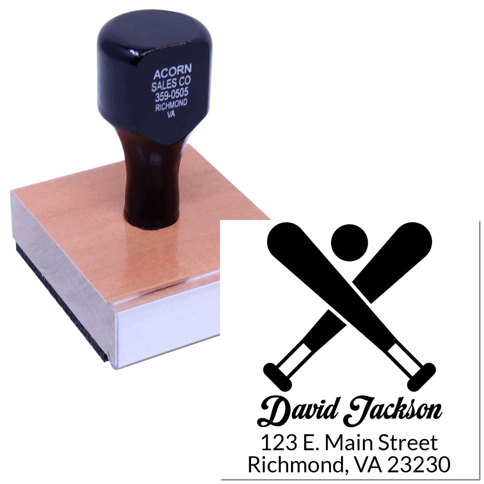 Custom rubber address stamp with personalized name, monogram logo, and Richmond, VA return address imprint.
