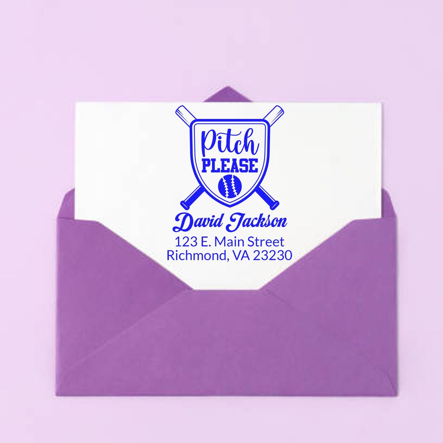 Custom baseball return address rubber stamp on purple envelope with Pitch Please design, name, and Richmond, VA address.