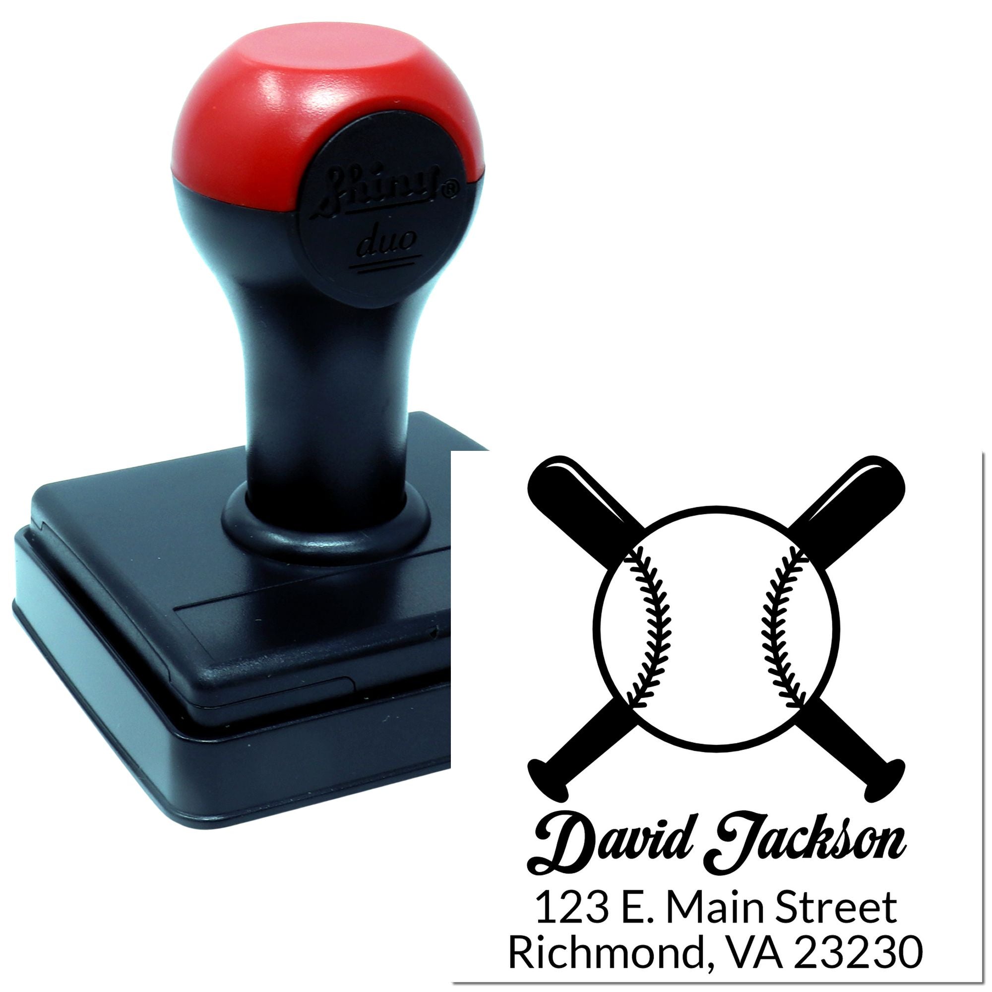 Custom baseball self-inking rubber address stamp for David Jackson, 123 E. Main Street, Richmond, VA 23230.