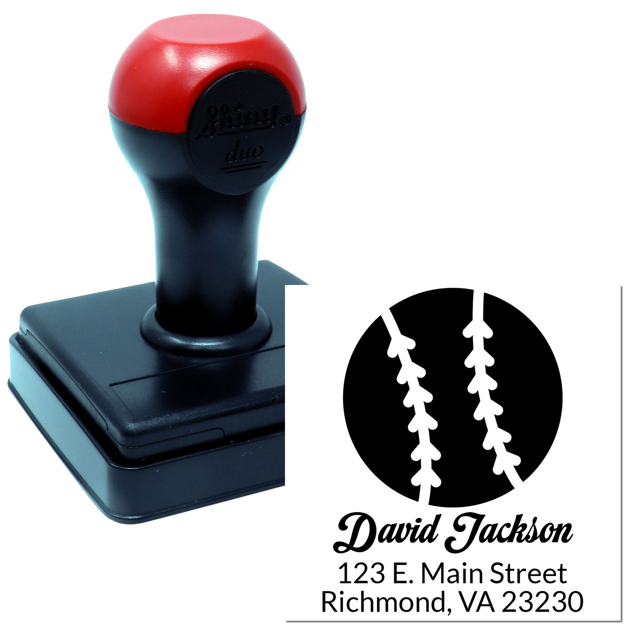 Custom self-inking baseball return address rubber stamp with name, logo, and mailing address for envelopes.