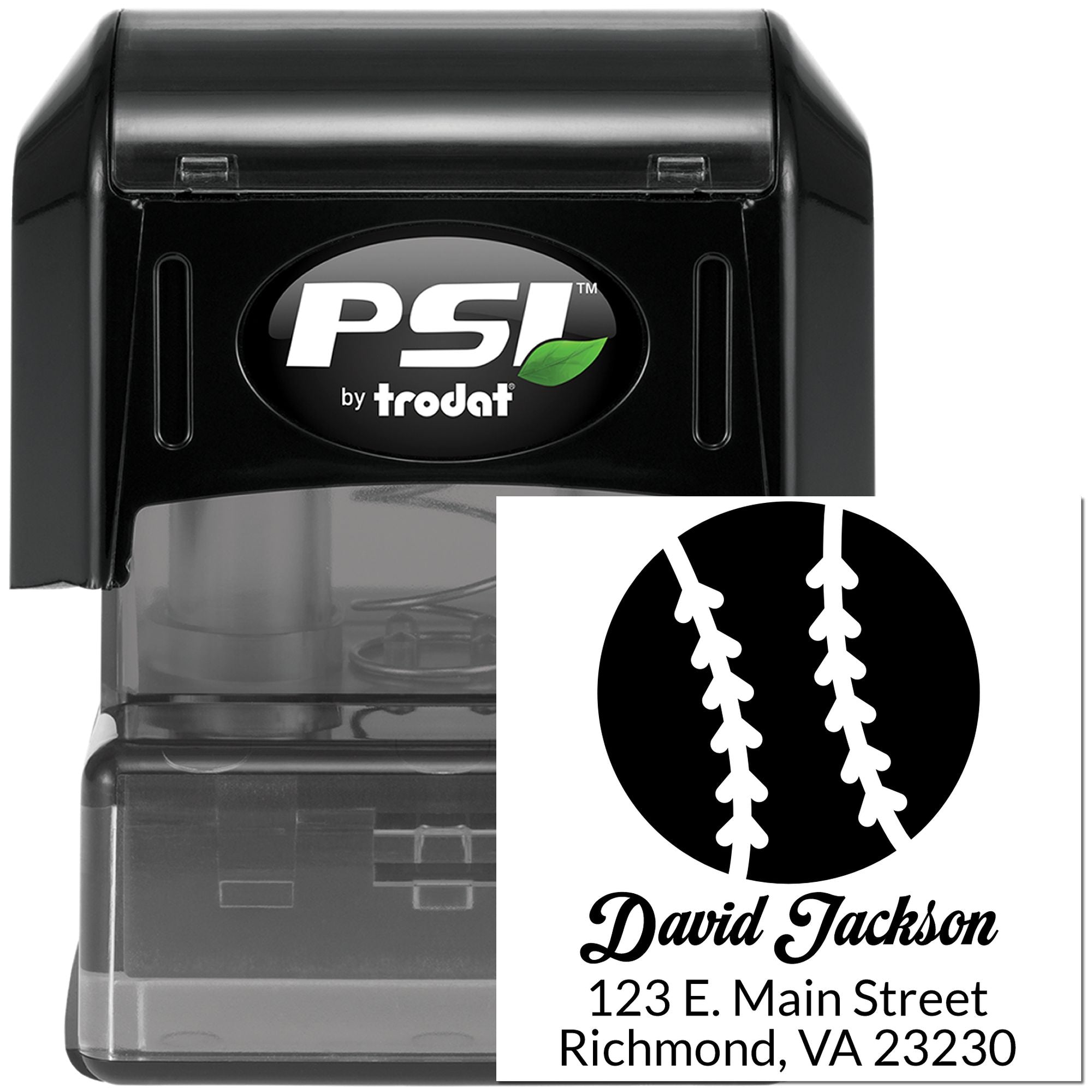 PSI by Trodat self-inking custom rubber stamp with baseball logo, name, and address for personalized business branding.