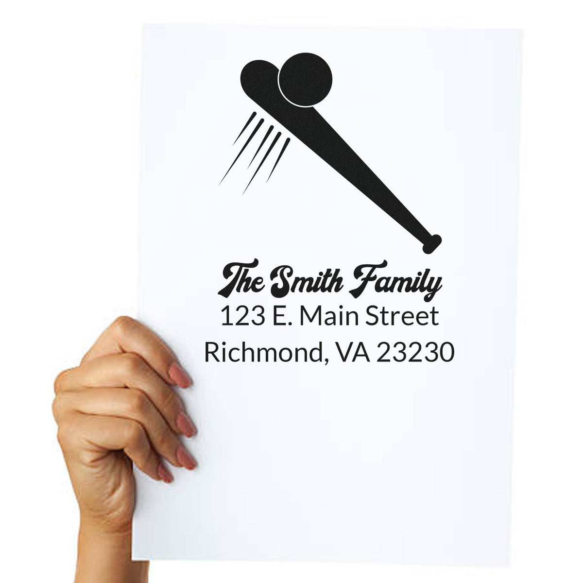 Custom return address rubber stamp with family name and mailing address for personalized envelope and stationery use