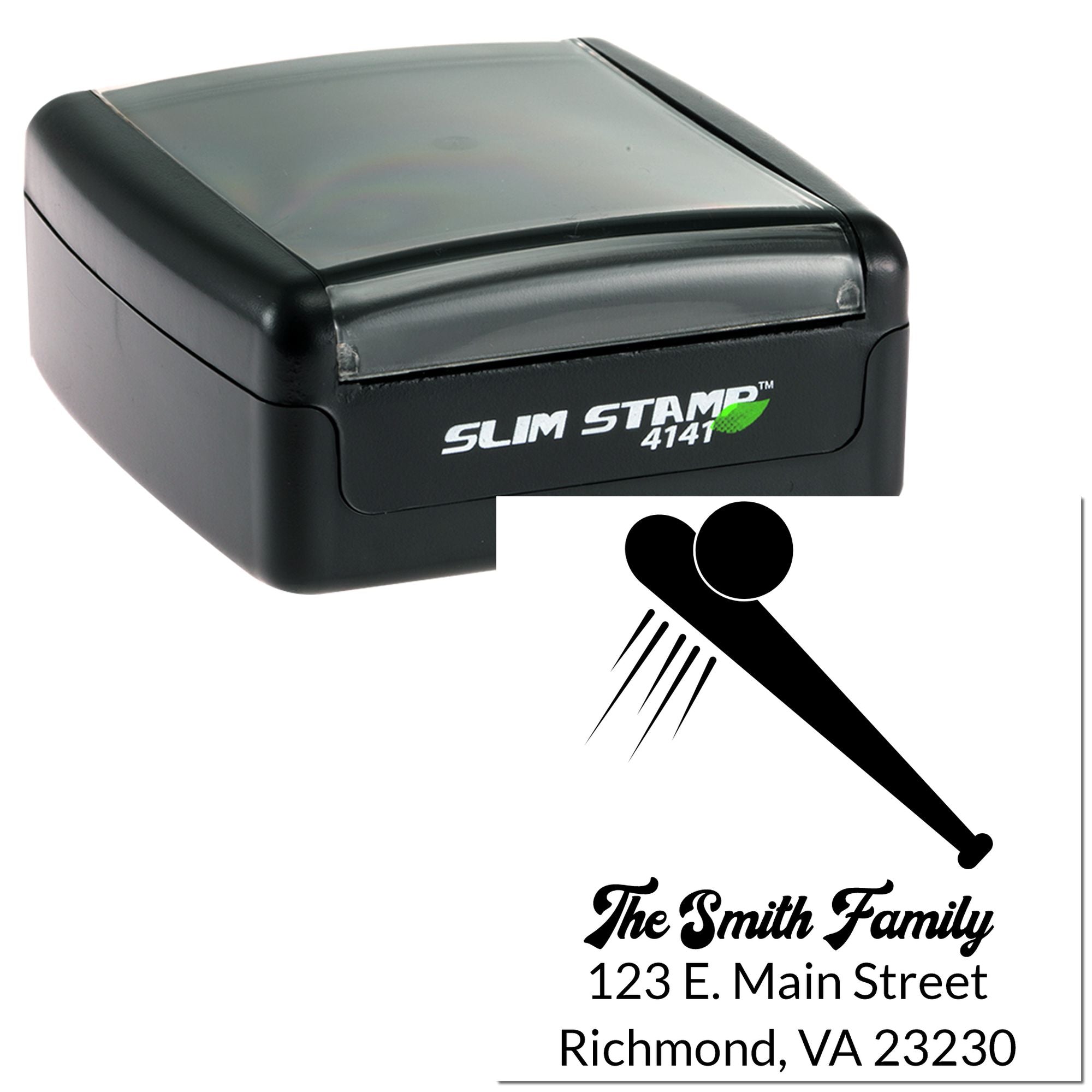 Slim 4141 self-inking rubber address stamp with custom family name and mailing address imprint.