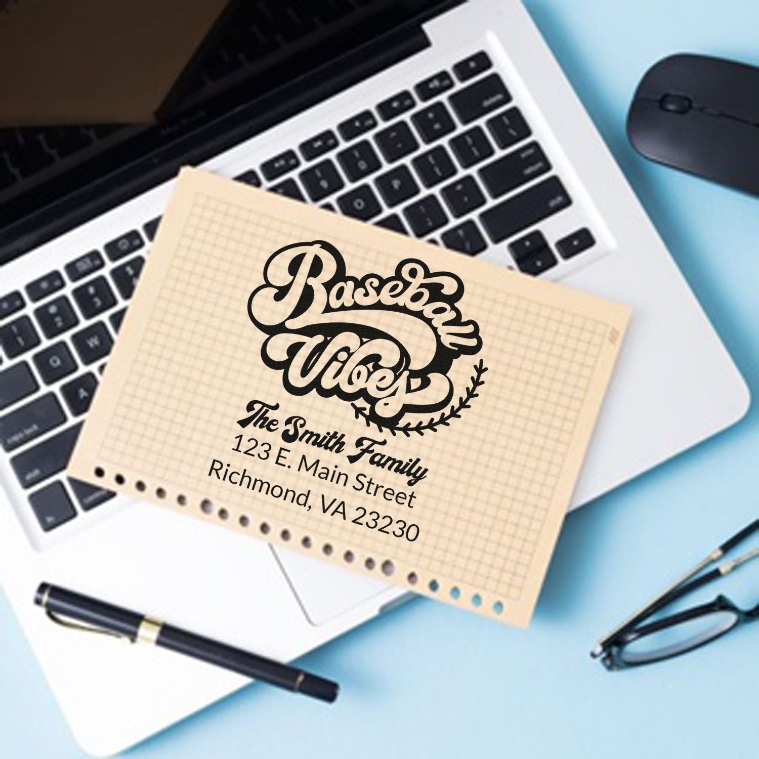 Custom baseball-themed family address rubber stamp for personalizing mail, stationery, and DIY crafts.