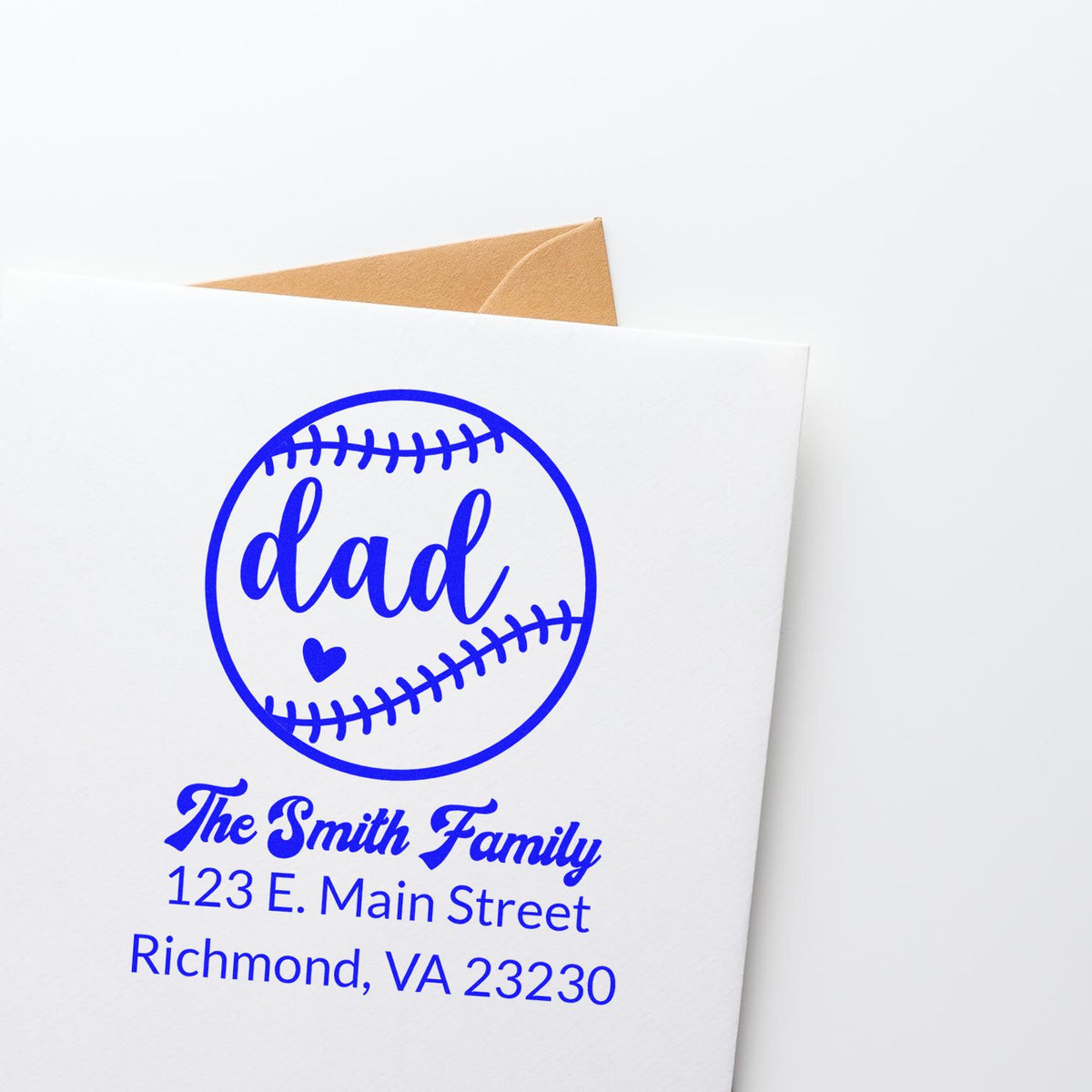 Custom baseball dad return address rubber stamp with family name and address for envelopes and Fathers Day mail.
