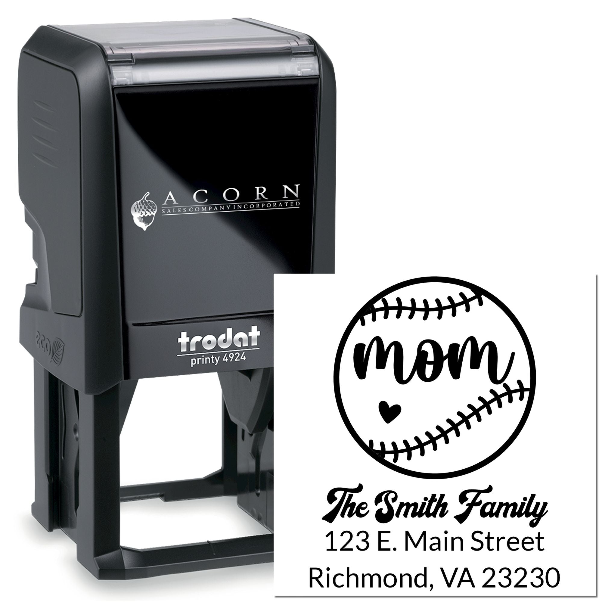 Custom self-inking rubber address stamp with baseball mom design and family name imprint, Trodat Printy 4924.