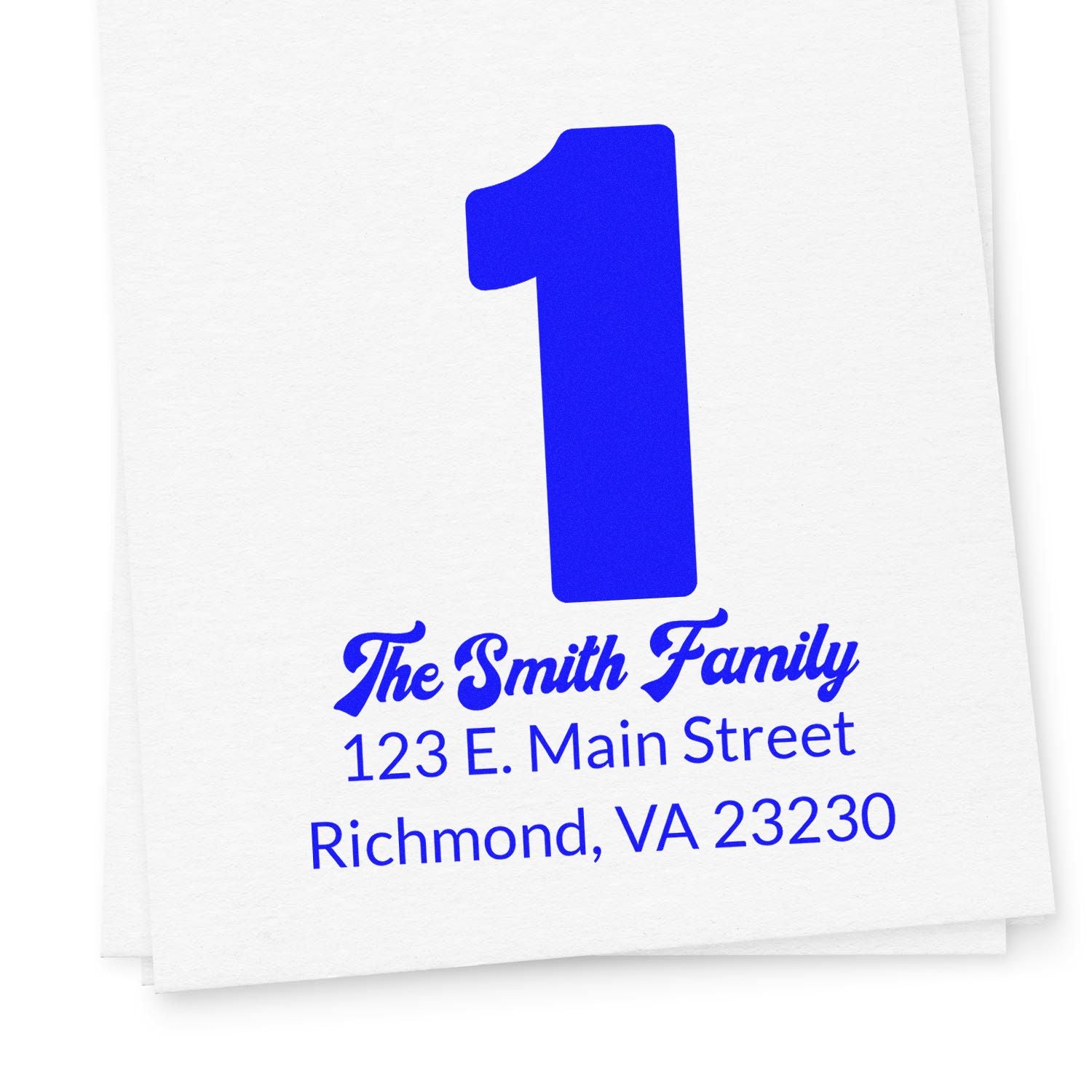 Custom return address rubber stamp with large blue number 1 for The Smith Family, Richmond, VA 23230.