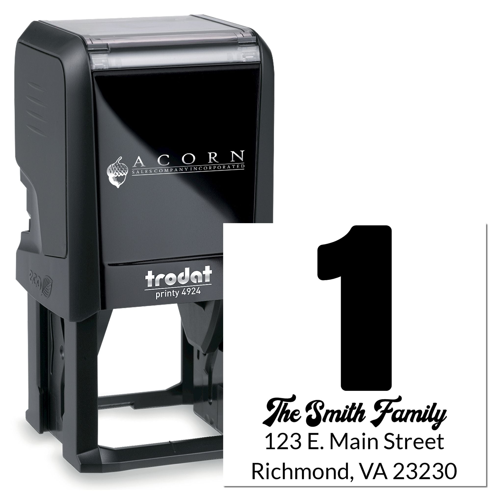 Custom self-inking rubber address stamp with house number 1 for The Smith Family, Richmond, VA return address.
