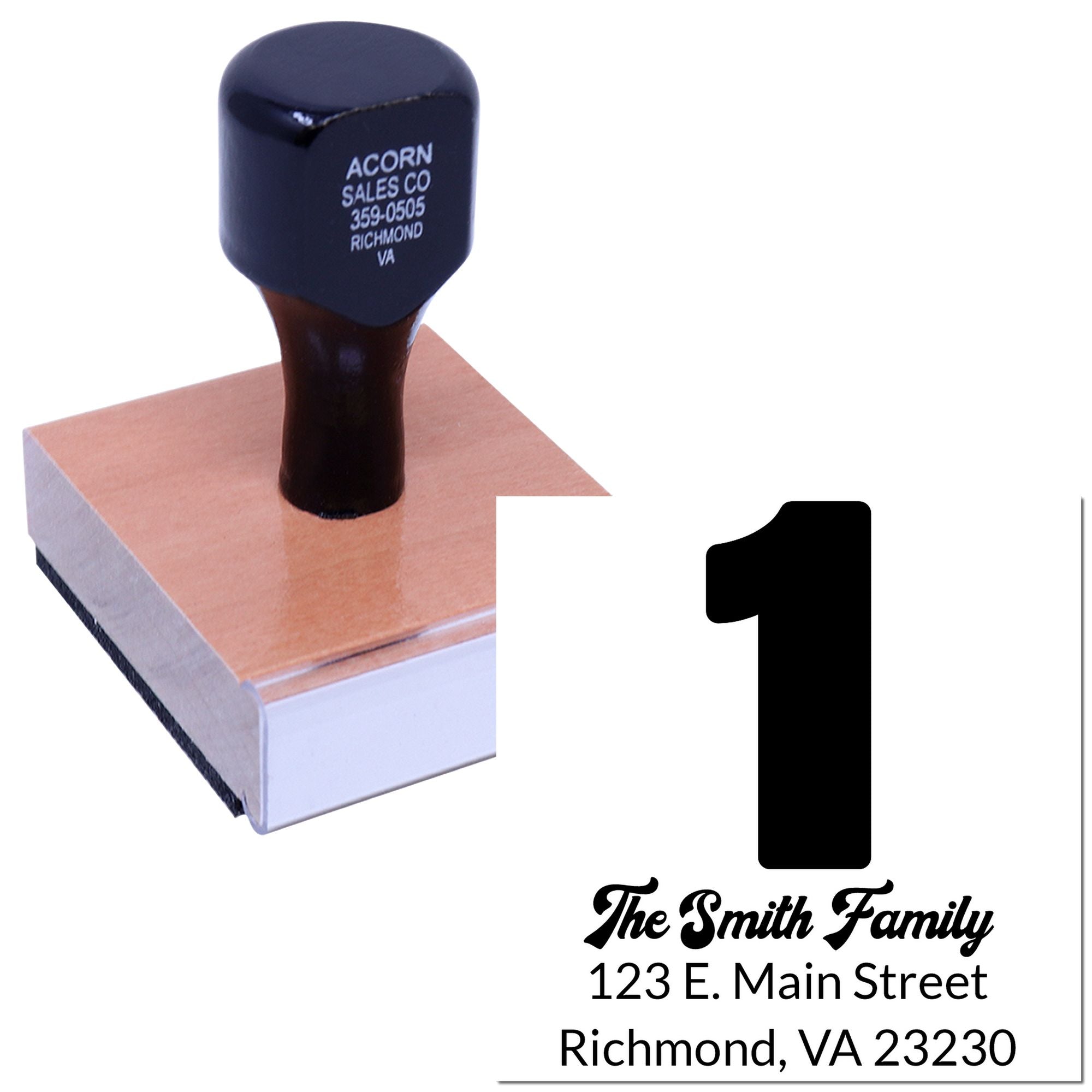 Personalized self-inking rubber address stamp with house number 1, family name, and street address for mailing.