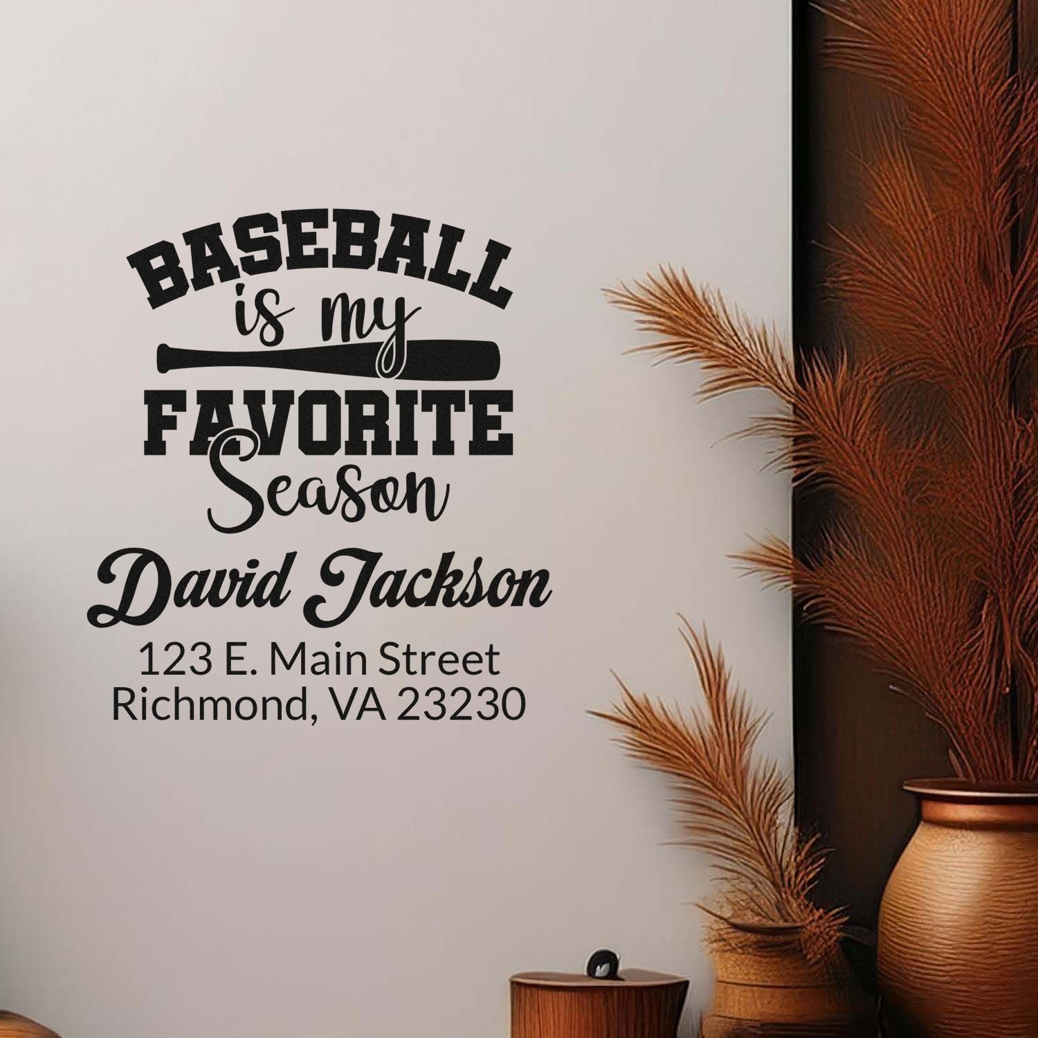 Custom baseball return address rubber stamp with David Jackson name and Richmond, VA 23230 mailing address.