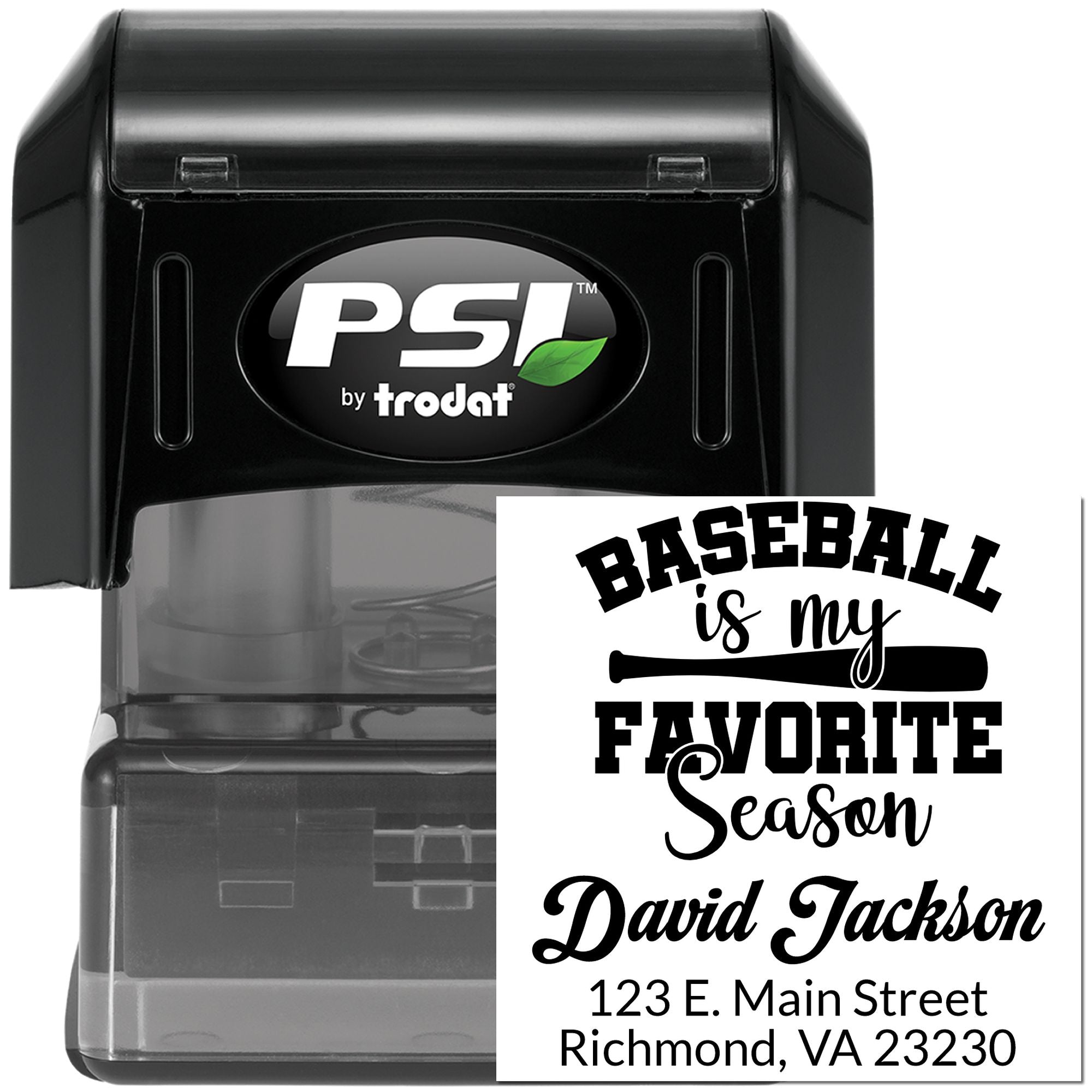 Custom baseball self-inking rubber stamp by PSI by Trodat, featuring a personalized name, address, and sports-themed design.