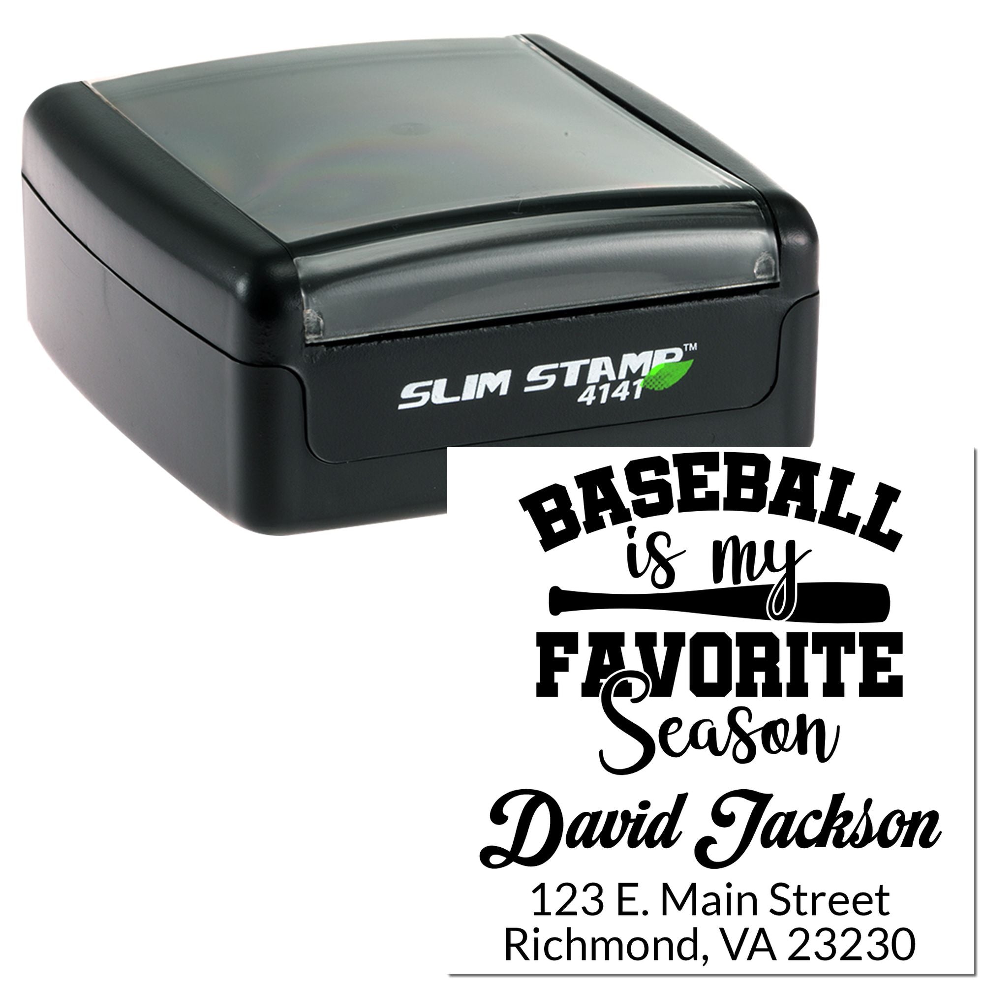 Custom self-inking rubber address stamp with baseball is my favorite season design for personalized mail.