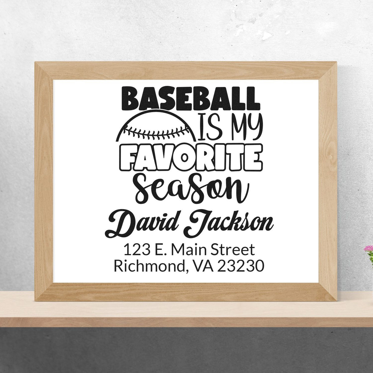 Personalized baseball return address rubber stamp with Baseball Is My Favorite Season and custom name.