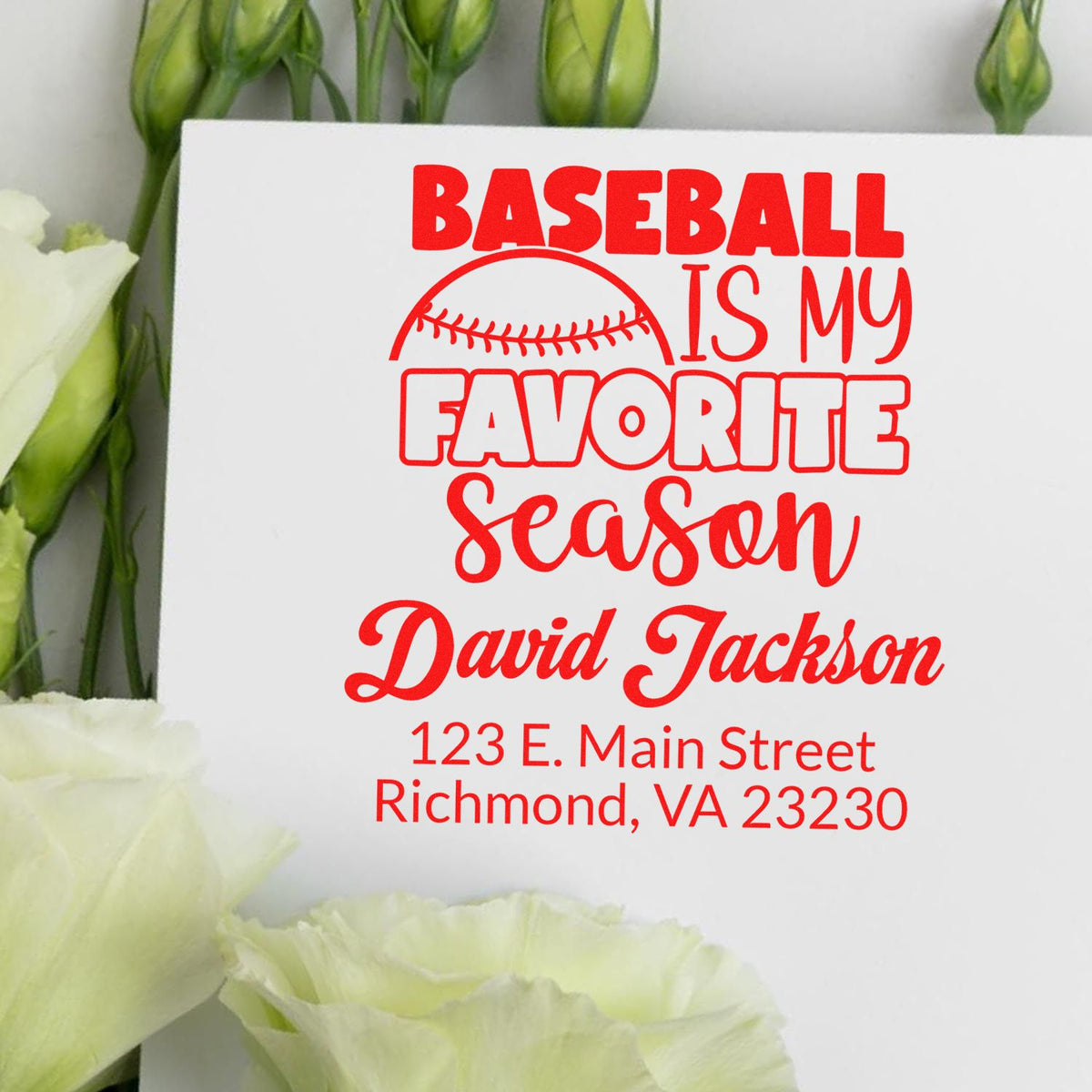 Personalized baseball is my favorite season rubber stamp with name and address for custom sports stationery.