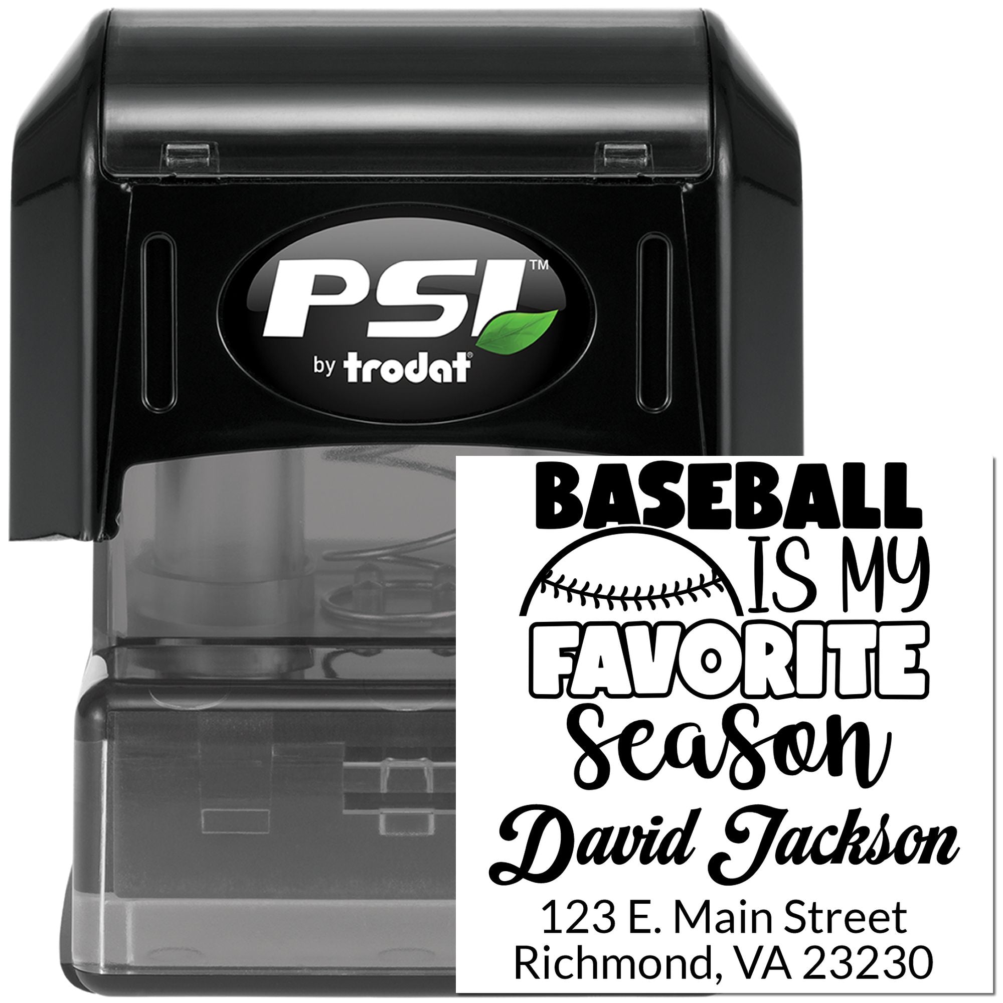 Custom self-inking baseball rubber stamp with personalized name and address, featuring Baseball Is My Favorite Season design.