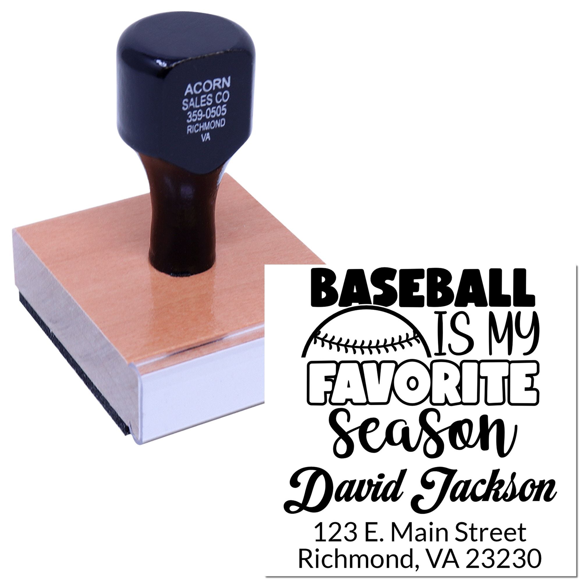 Custom baseball-themed rubber stamp with personalized name and address, perfect for sports fans invitations and mailings.
