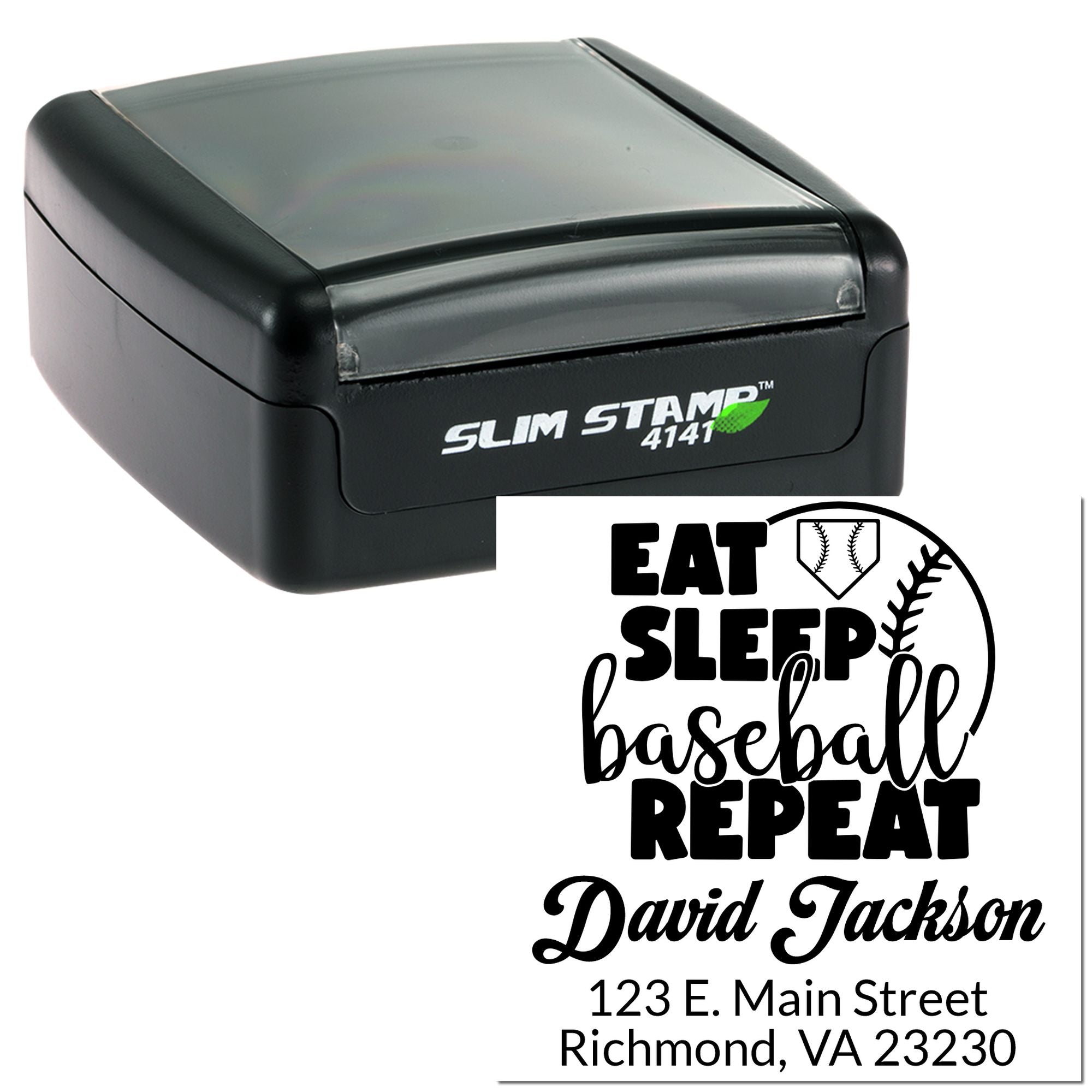 Custom self-inking rubber stamp with baseball design and name/address imprint: Eat Sleep Baseball Repeat, David Jackson, Richmond VA.