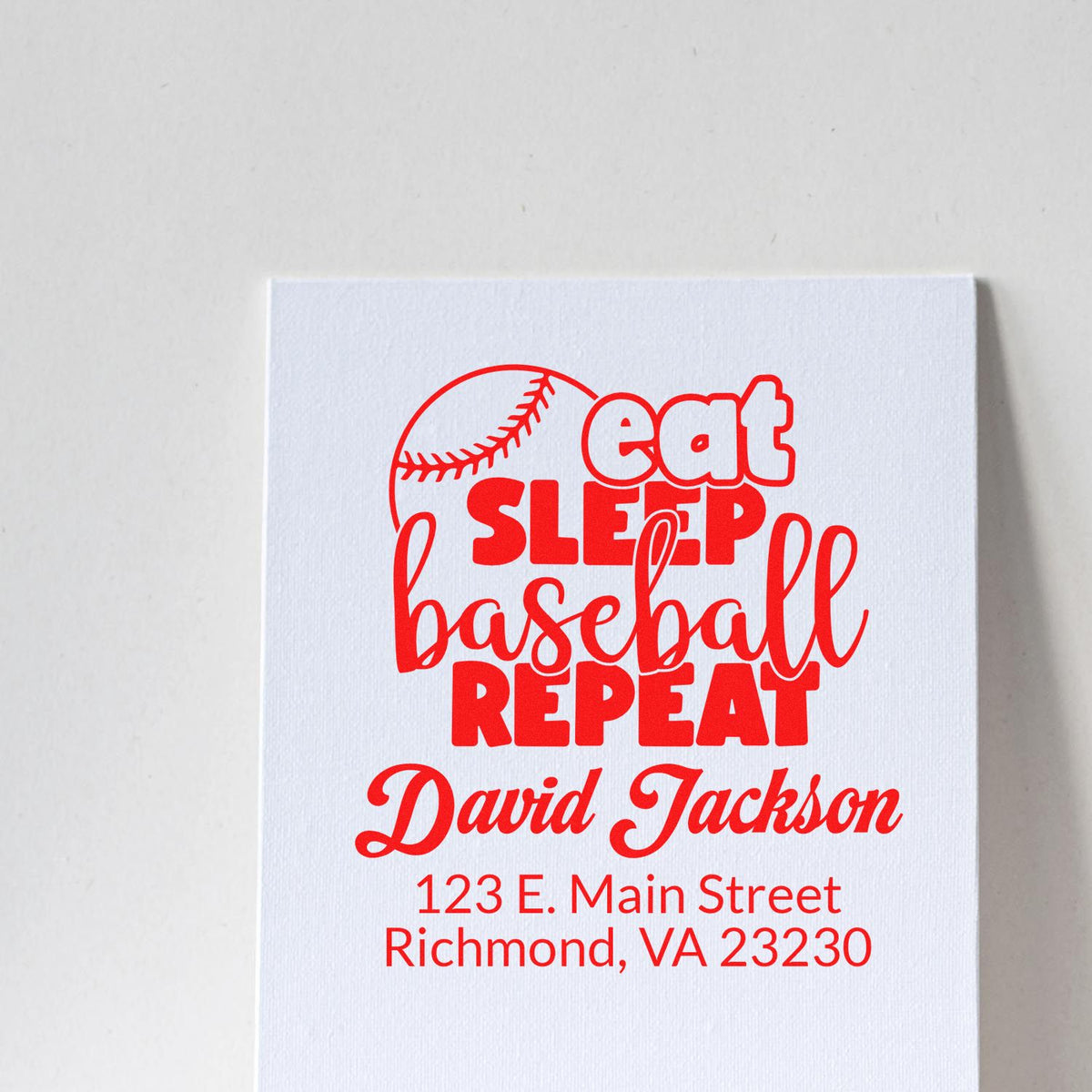 Custom baseball rubber stamp design reading "Eat Sleep Baseball Repeat" with name and address for personalized stationery or packaging.