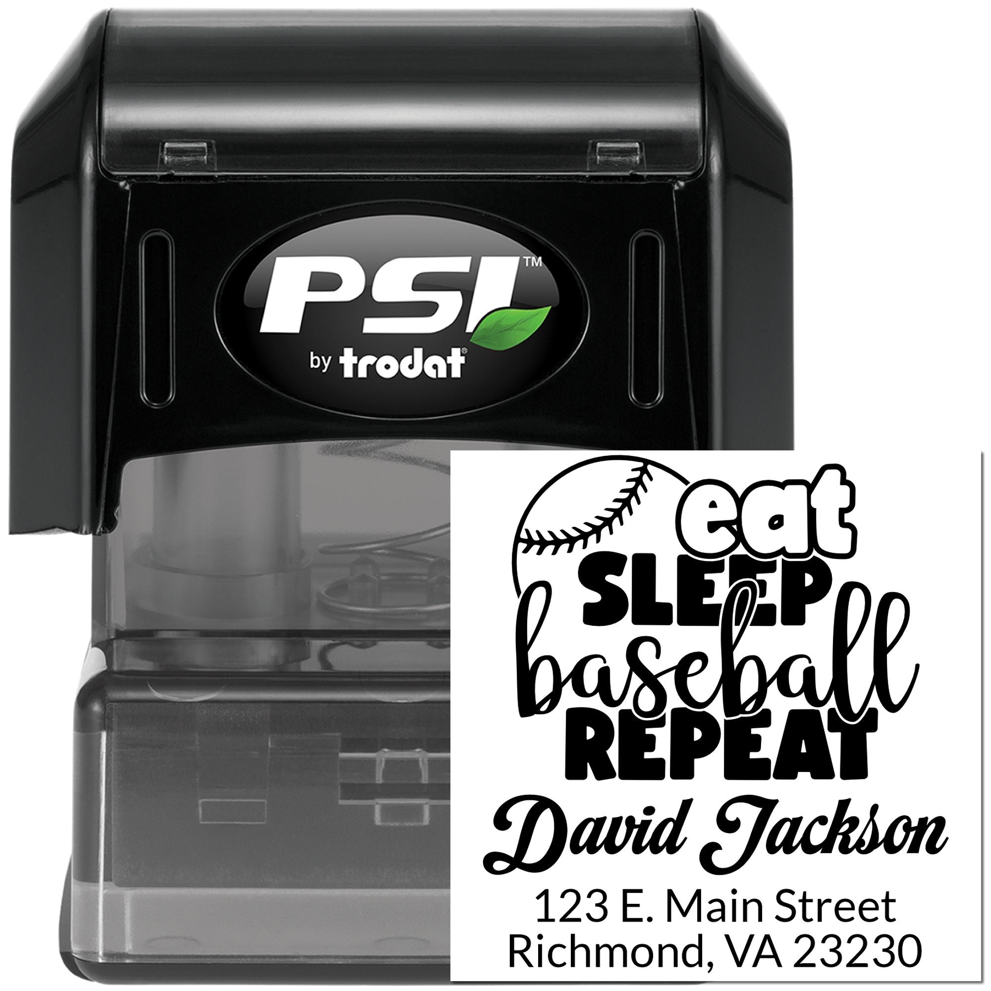 Custom self-inking rubber stamp with baseball design, Eat Sleep Baseball Repeat message, name, and return address.