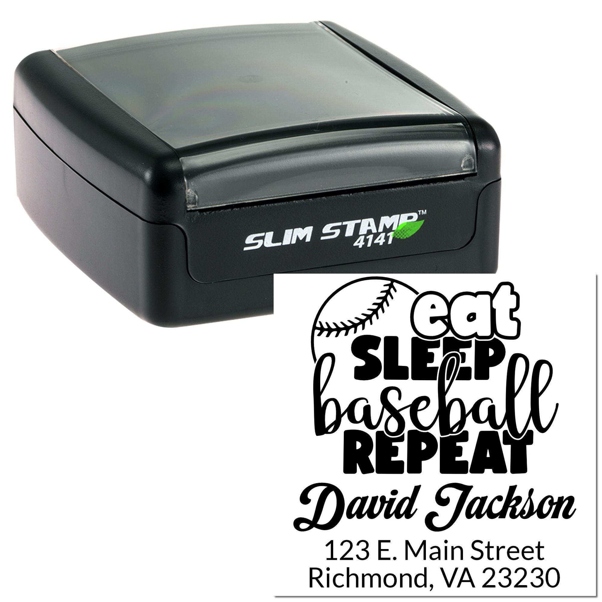 Custom self-inking rubber stamp for baseball fans with Eat Sleep Baseball Repeat name and address design.