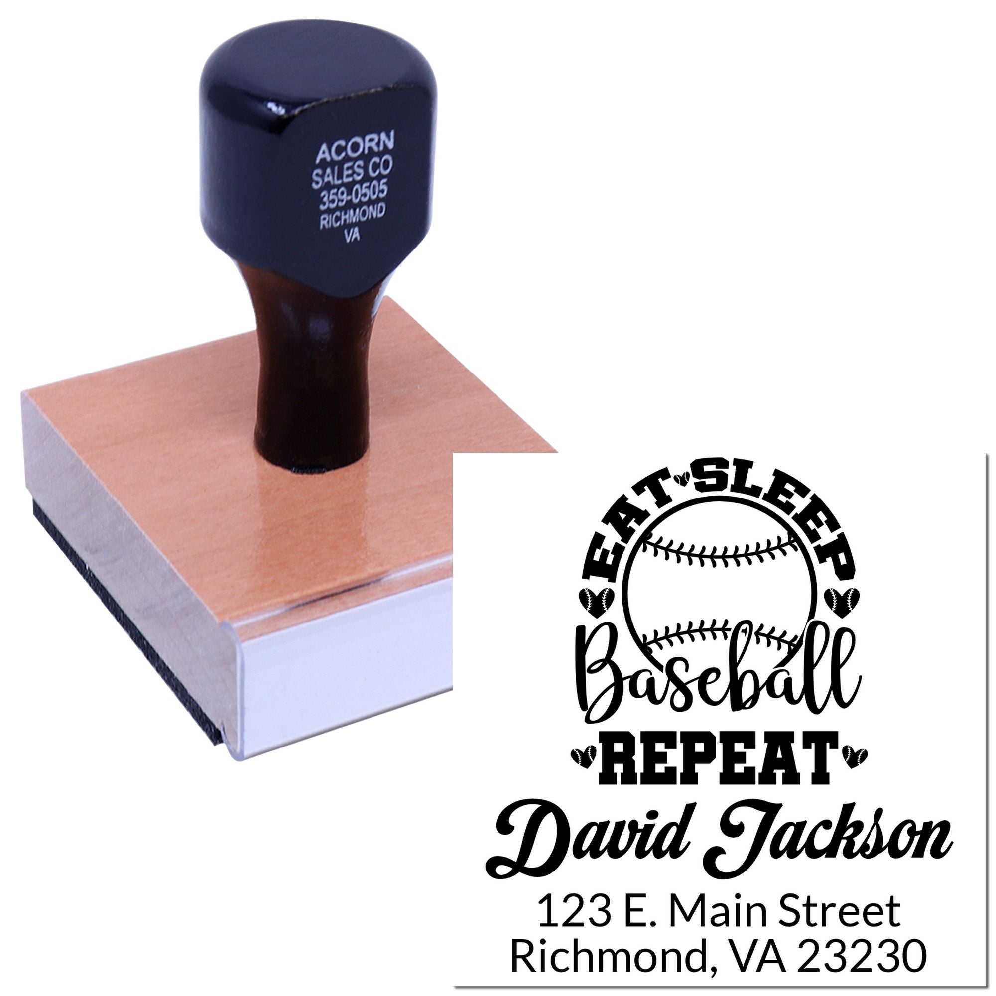 Custom baseball rubber stamp with Eat Sleep Baseball Repeat design, personalized name and address for sports-themed branding.