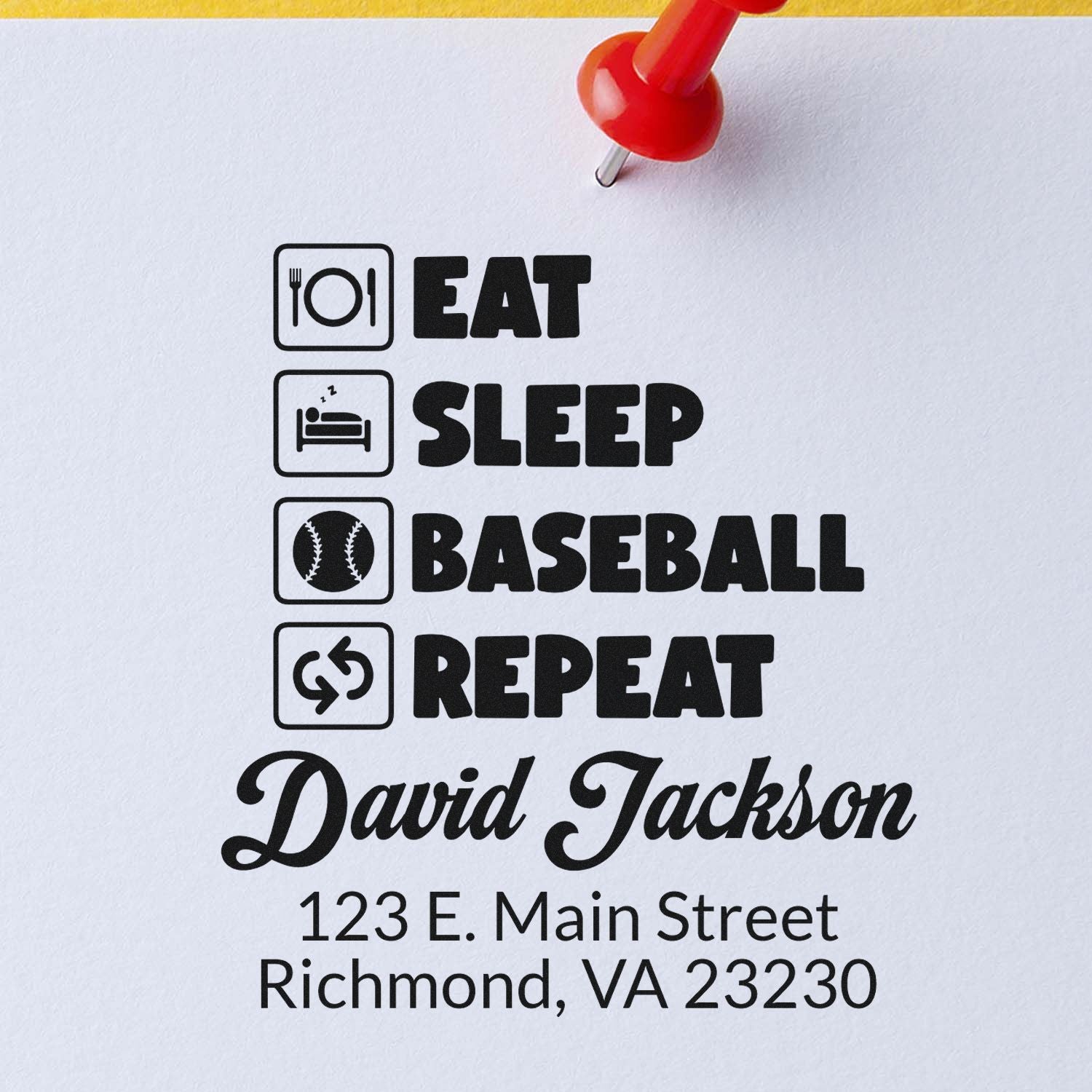 Custom rubber stamp with Eat Sleep Baseball Repeat, name, and Richmond, VA address for personalized mailing.