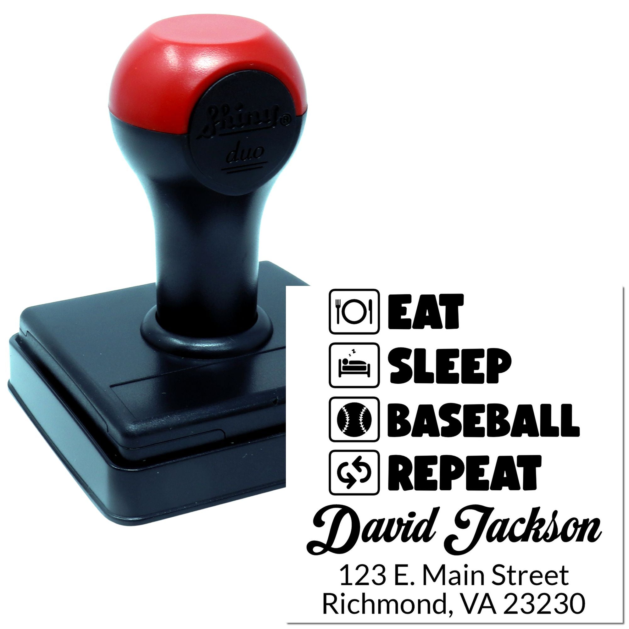 Custom self-inking rubber stamp for personalized name and address, with eat sleep baseball repeat design.