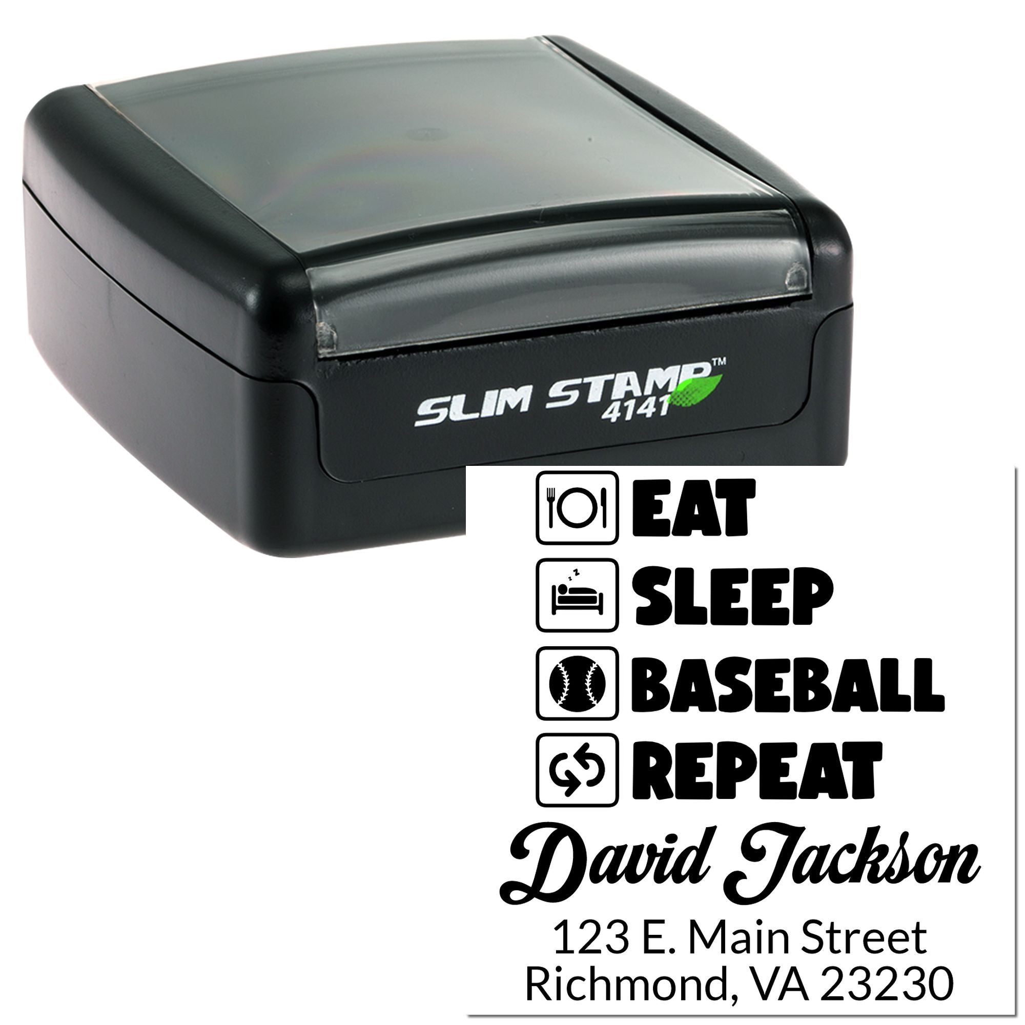 Custom self-inking rubber stamp with Eat Sleep Baseball Repeat design, name, and address imprint.