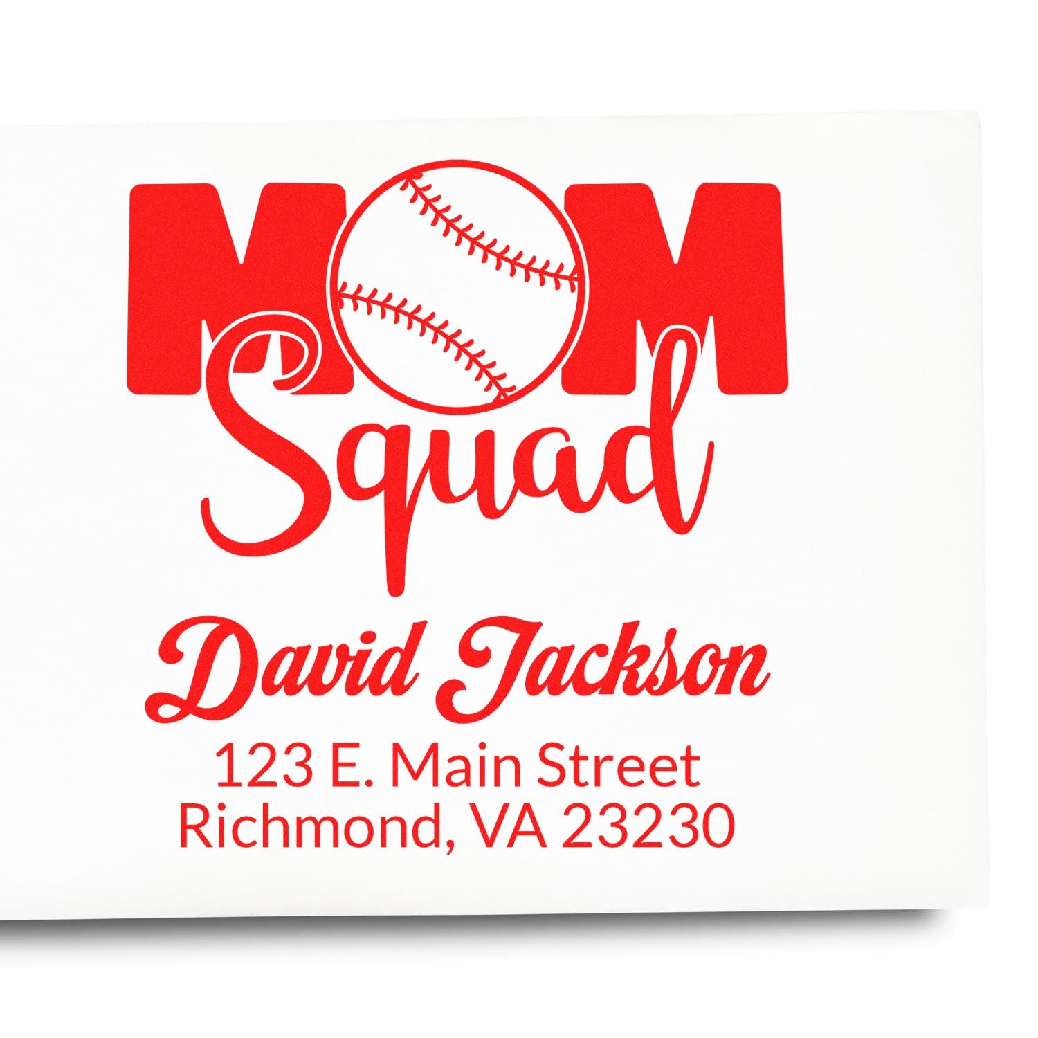 Custom rubber stamp design for Mom Squad with baseball graphic, David Jackson name, and Richmond, VA address