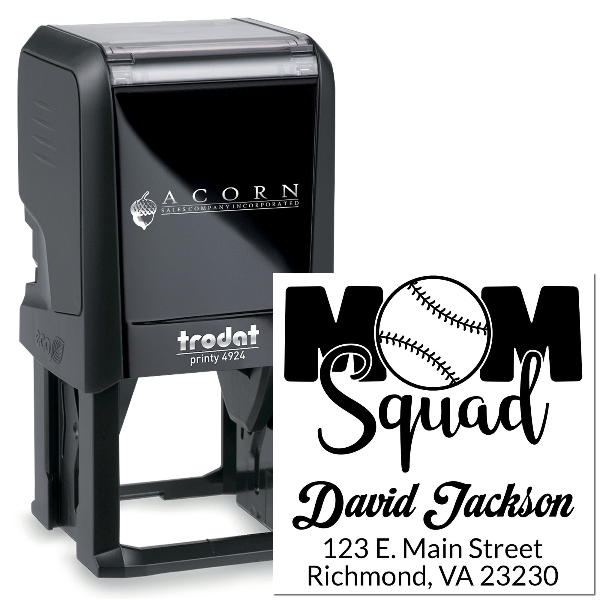 Custom self-inking rubber stamp for Baseball Mom Squad, featuring name and address for personalized mailing and team branding.