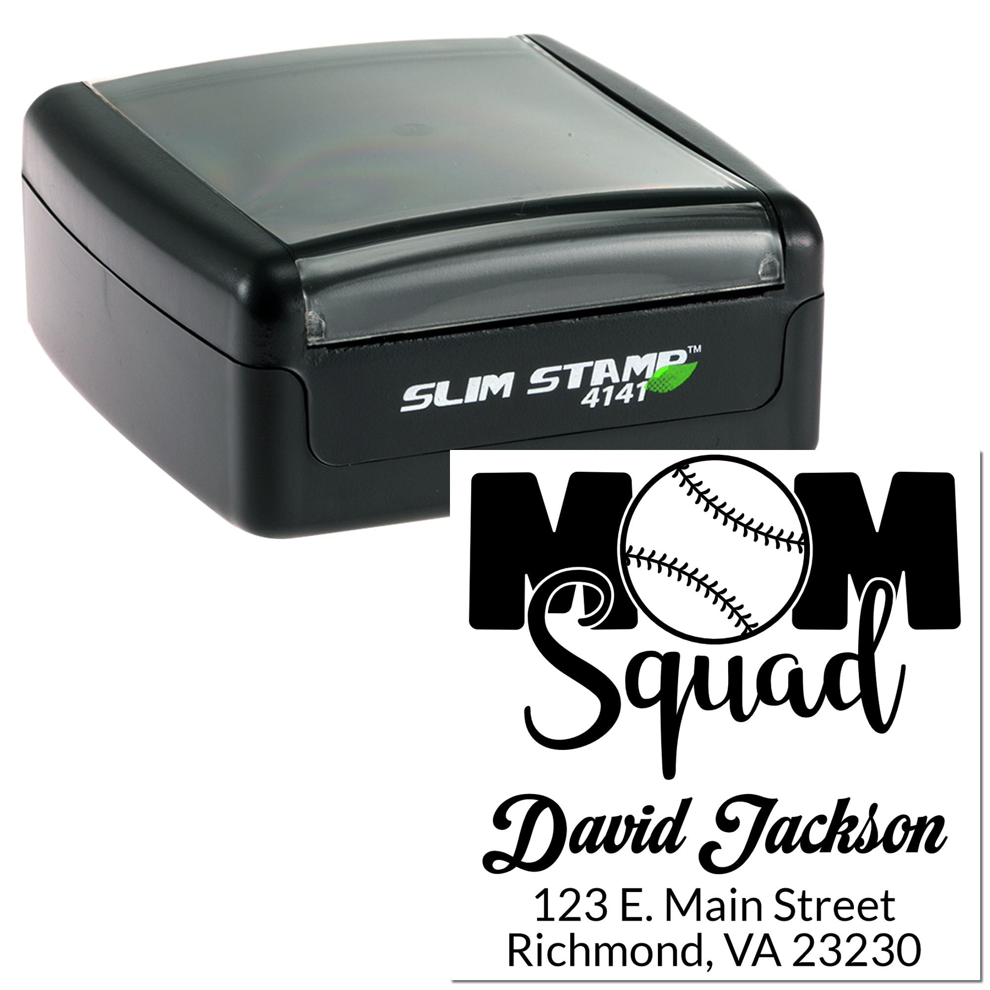 Custom baseball Mom Squad return address rubber stamp, slim self-inking design with name and Richmond, VA address.