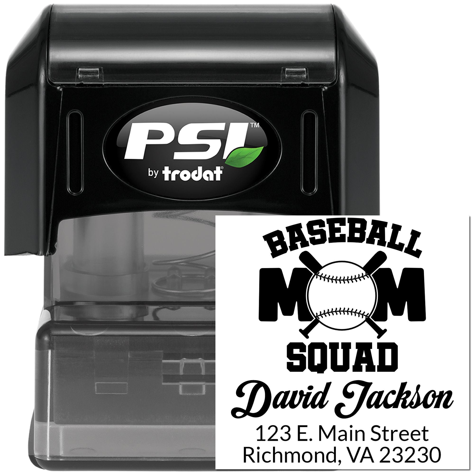Custom self-inking address rubber stamp with Baseball Mom Squad design, name, and address for personalized mailings.