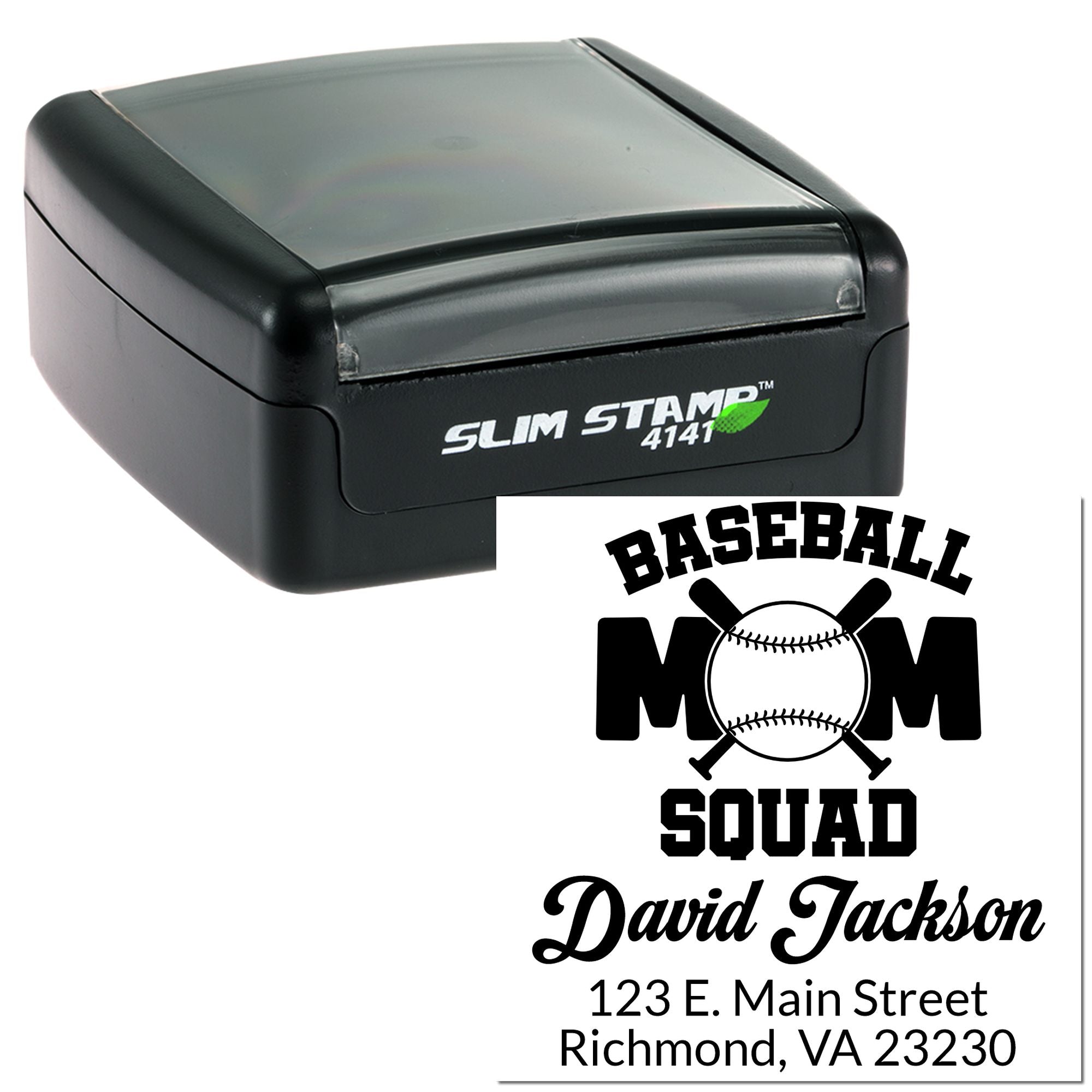 Custom self-inking rubber stamp with baseball mom squad design, name, and address for personalized return mailing.