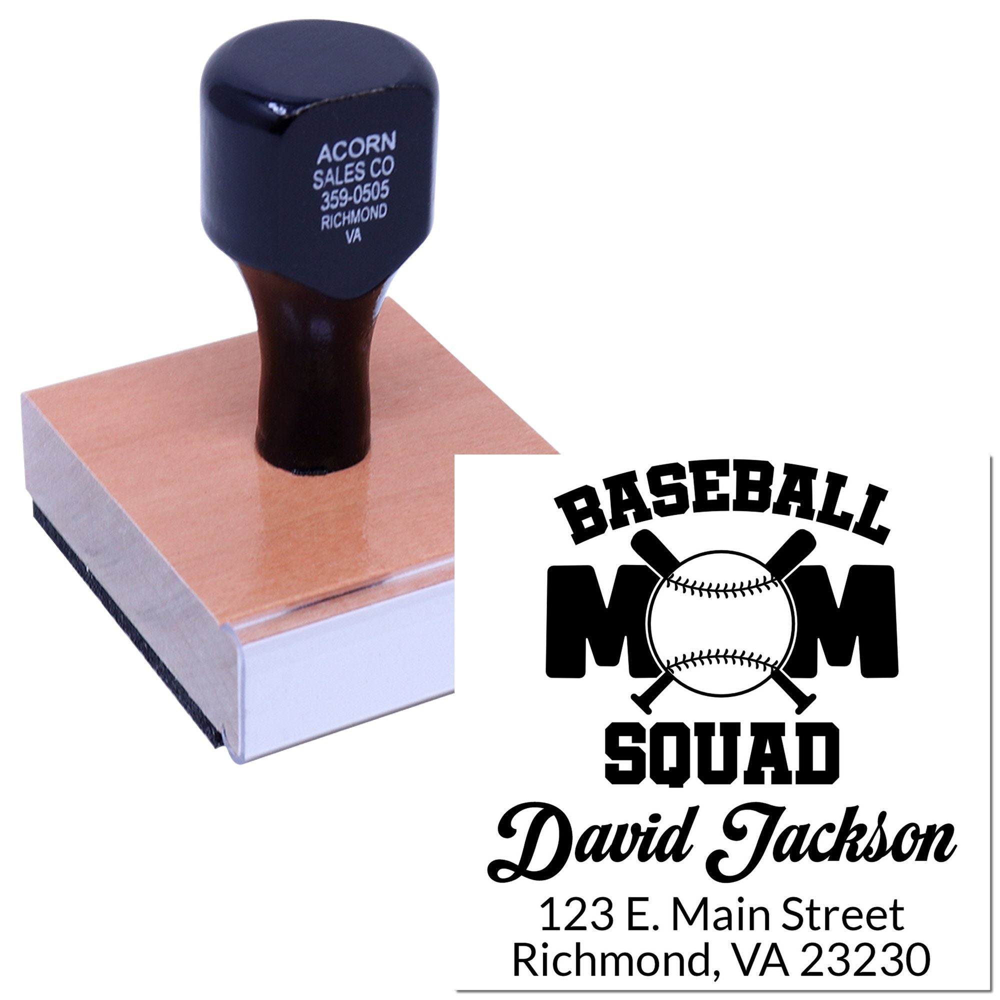 Personalized baseball mom squad rubber stamp with name and address, shown with stamped impression.