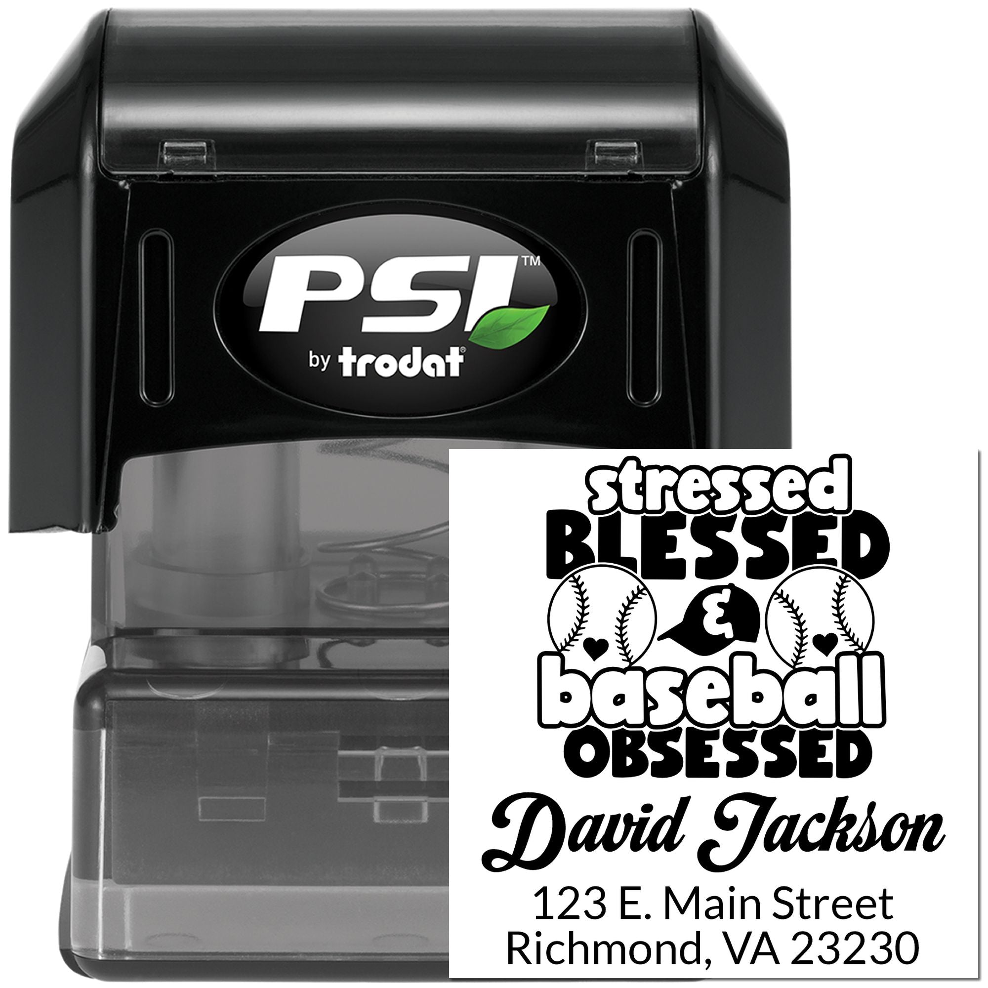 Custom self-inking baseball rubber stamp with Stressed, Blessed, Baseball Obsessed name and address by PSI Trodat.