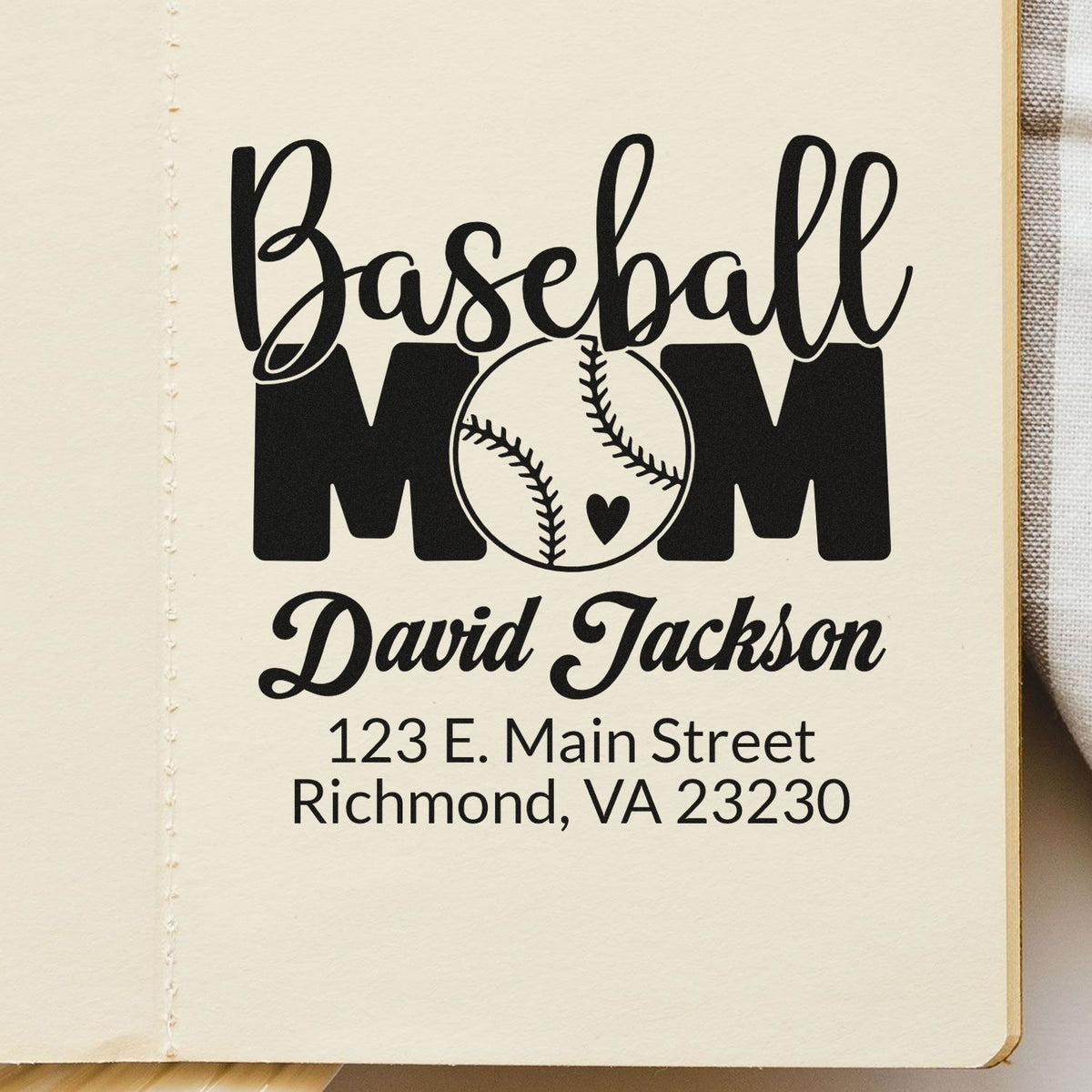 Personalized baseball mom return address rubber stamp with name and Richmond, VA address for envelopes.