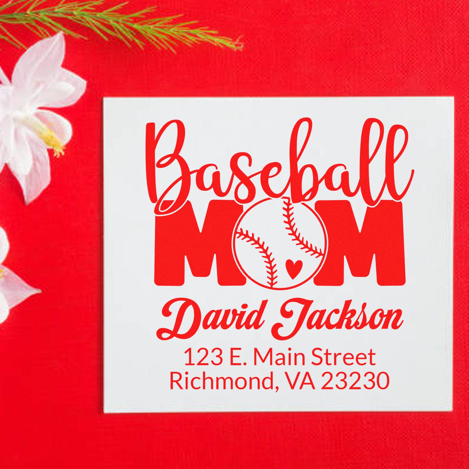 Custom baseball mom rubber stamp with personalized name and return address for David Jackson, Richmond, VA.