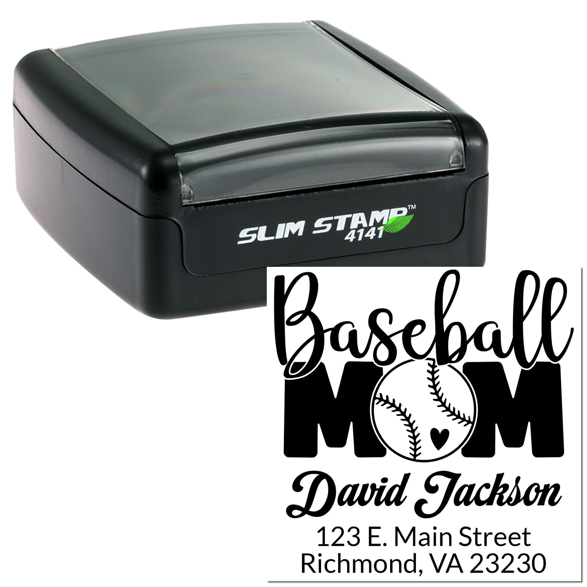 Custom self-inking rubber stamp with baseball mom return address design and Slim Stamp 4141 case