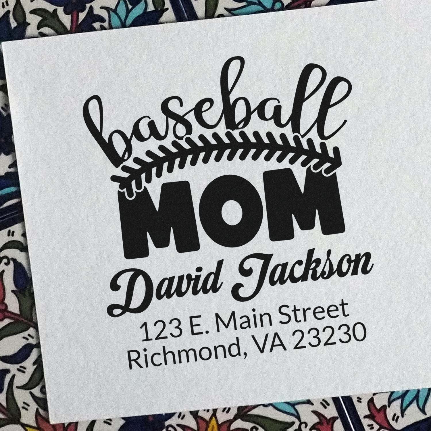 Custom baseball mom rubber stamp design with personalized name and address for stationery, gifts, and family mailing.
