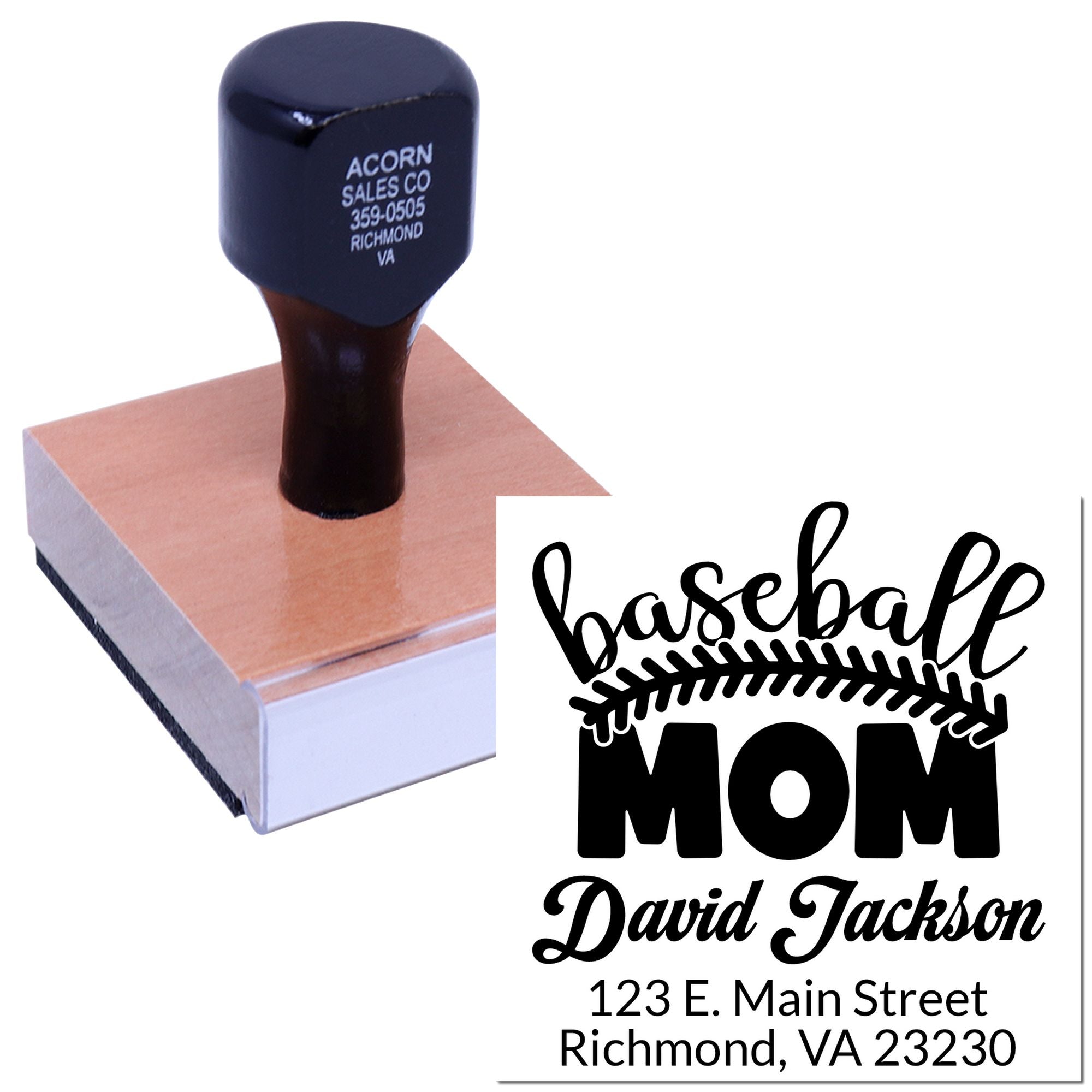 Personalized rubber stamp for Baseball Mom with David Jackson address, ideal for custom mailing and gift packaging.