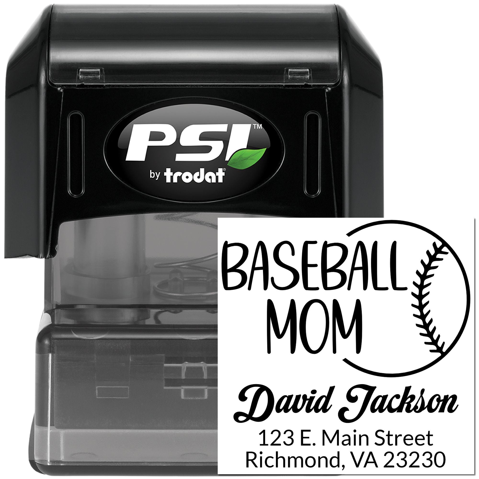 PSI by Trodat self-inking custom baseball mom address rubber stamp with personalized name and Richmond, VA address.