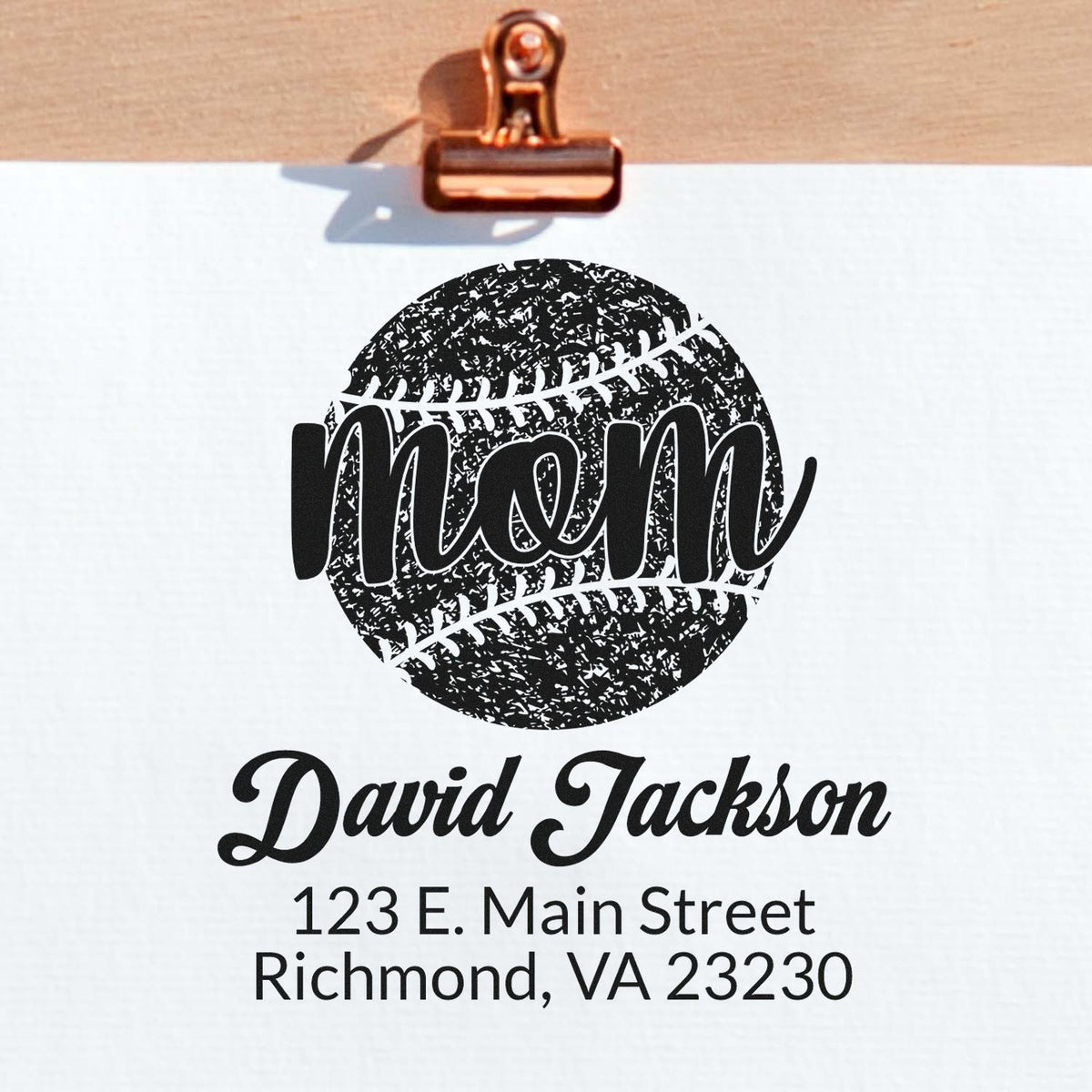 Personalized baseball mom rubber stamp with name and address for custom envelopes, cards, and craft projects.