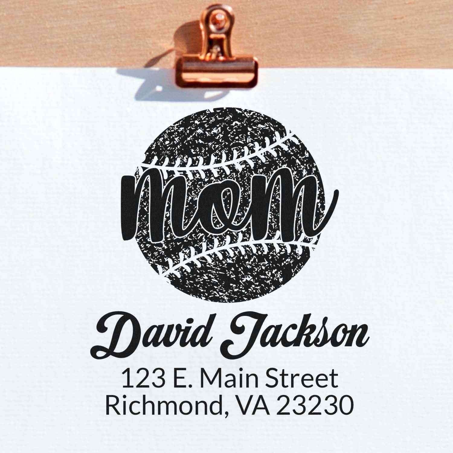 Custom baseball mom rubber stamp with David Jackson name and Richmond, VA return address for mailing.