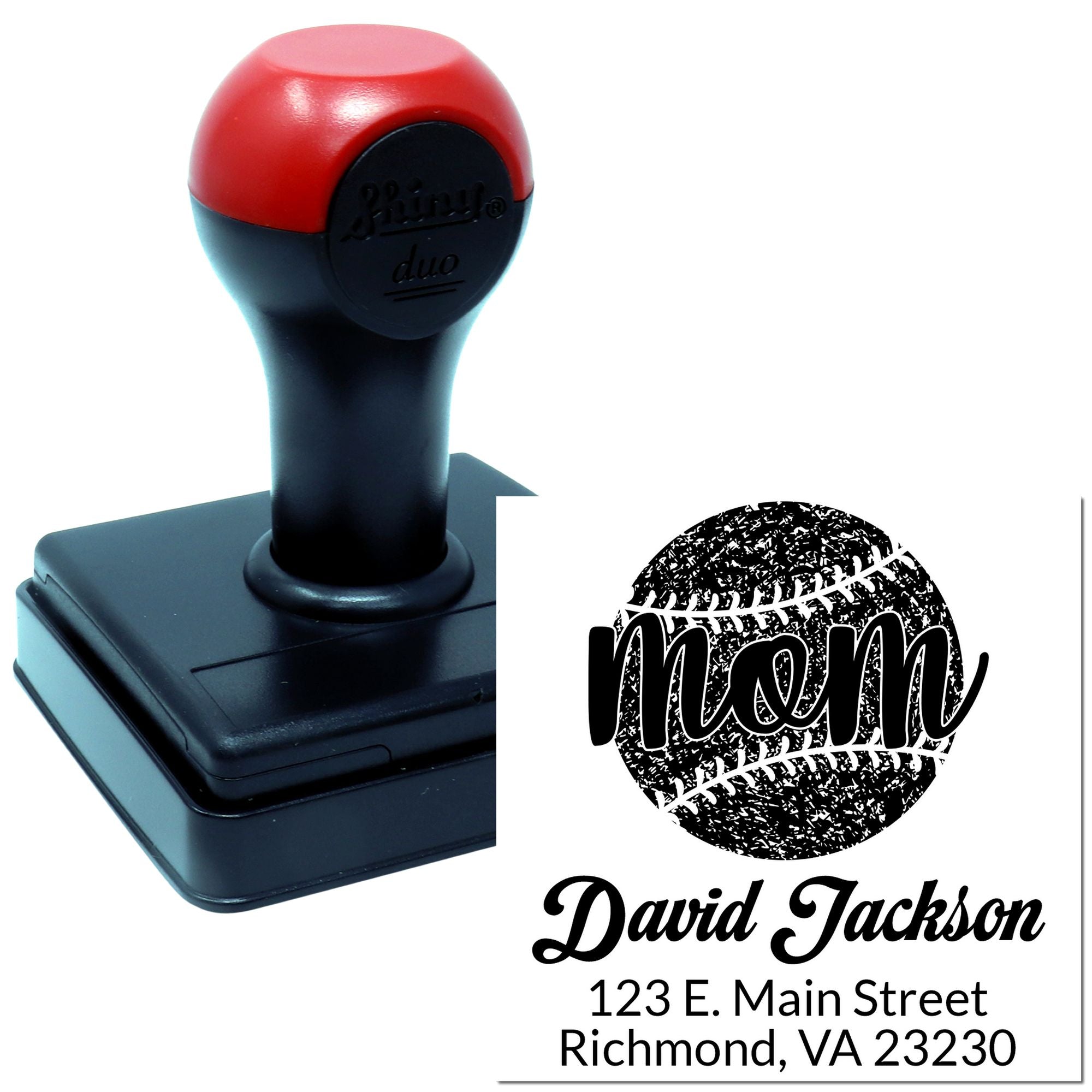 Custom self-inking rubber address stamp with baseball mom design, personalized name, and return address imprint.
