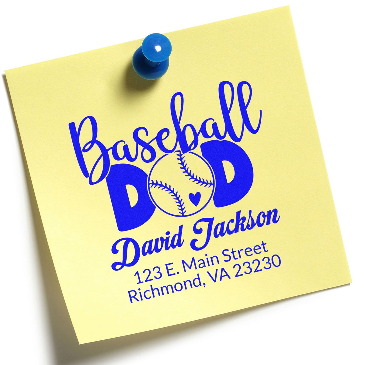 Custom baseball dad address rubber stamp impression on a yellow note, personalized with name and Richmond, VA address.