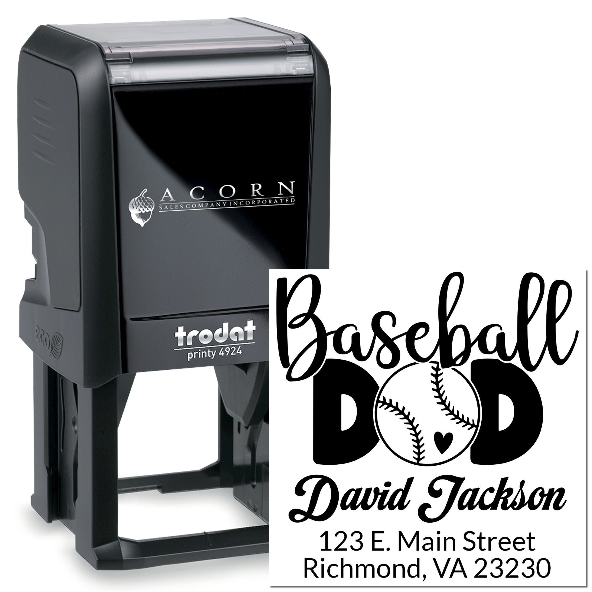 Custom self-inking rubber stamp with baseball dad design, personalized name and address, Trodat Printy 4924.