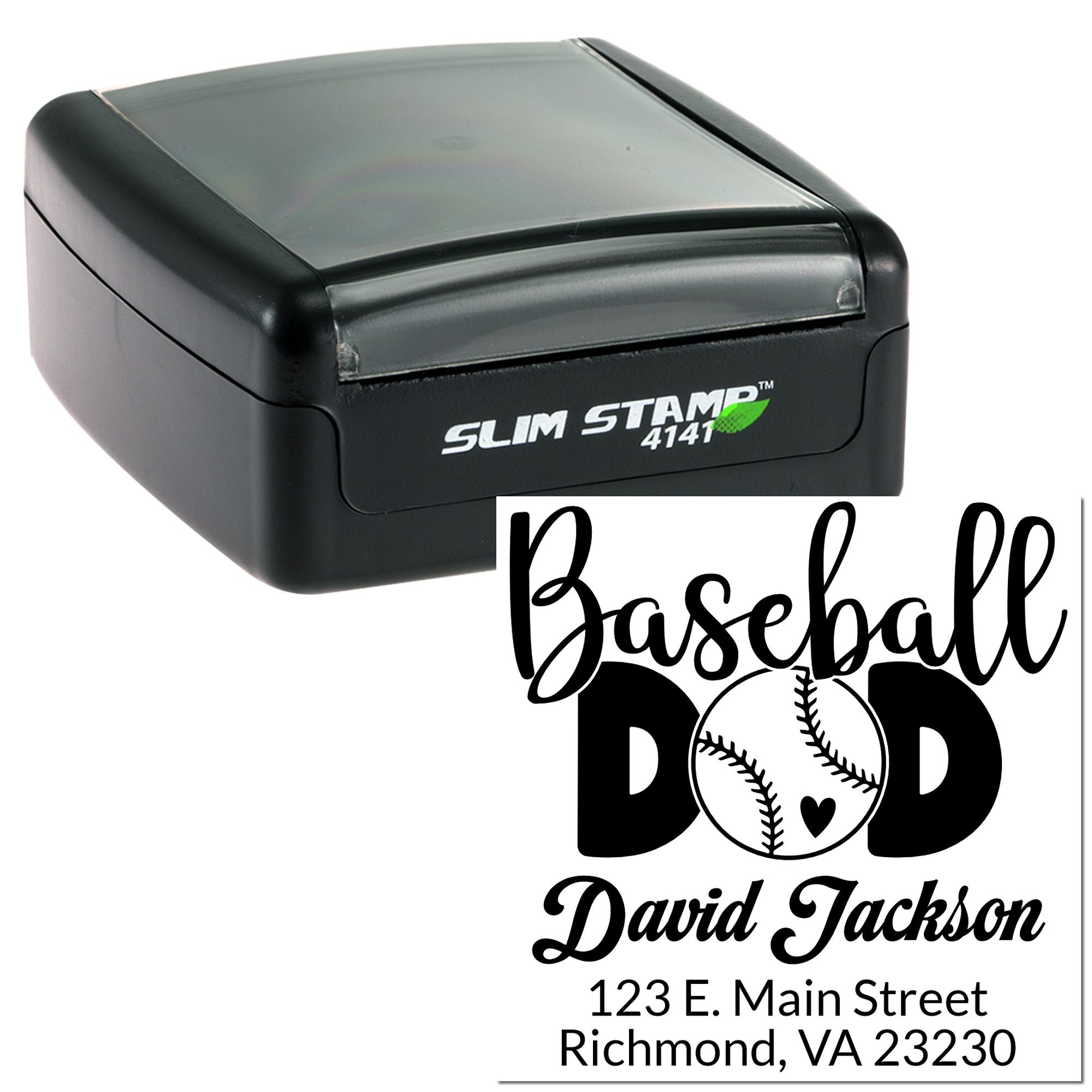 Custom self-inking rubber stamp for baseball dad return address labels with personalized name and address.