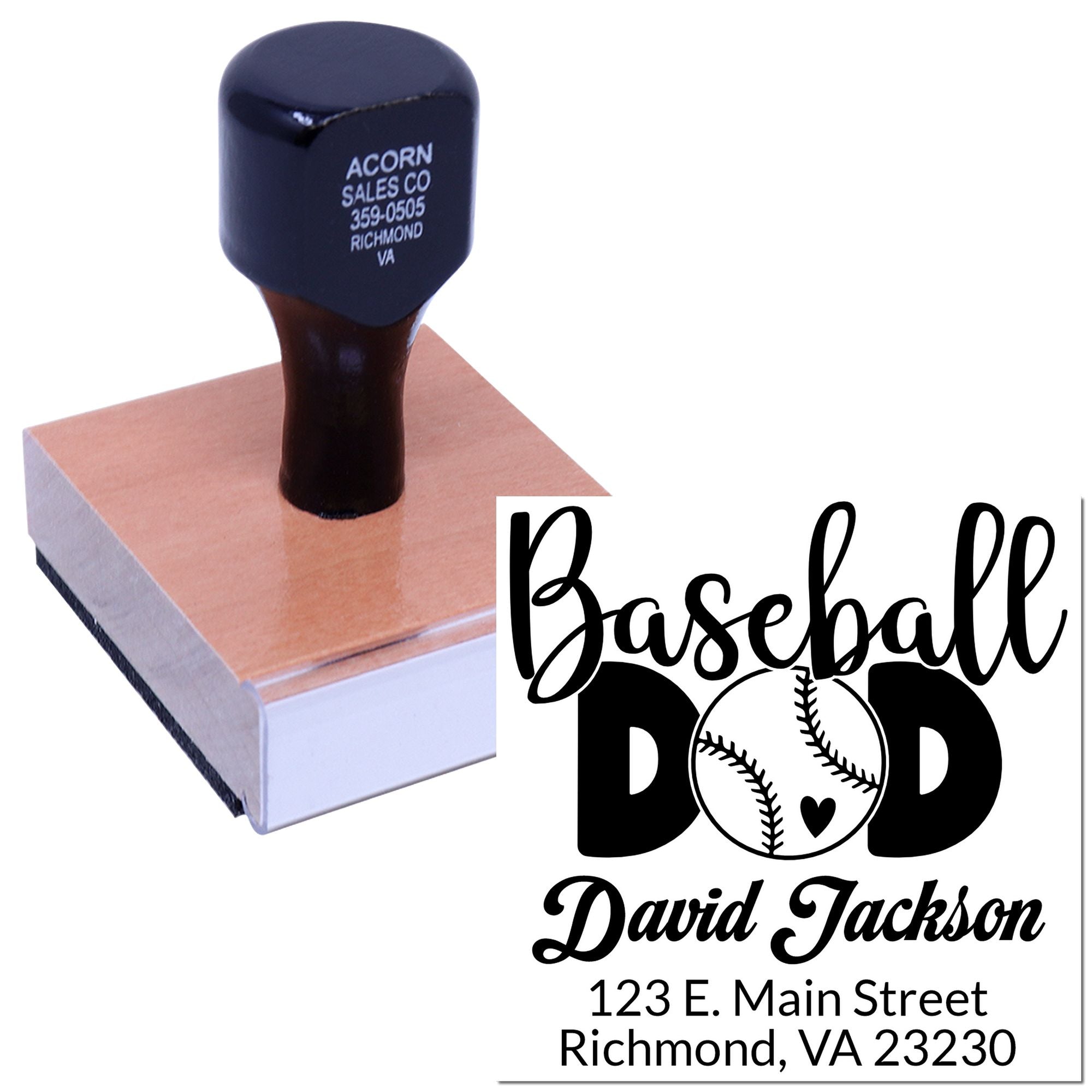 Custom baseball dad address rubber stamp with name and address, ideal for personalized stationery and gifts.