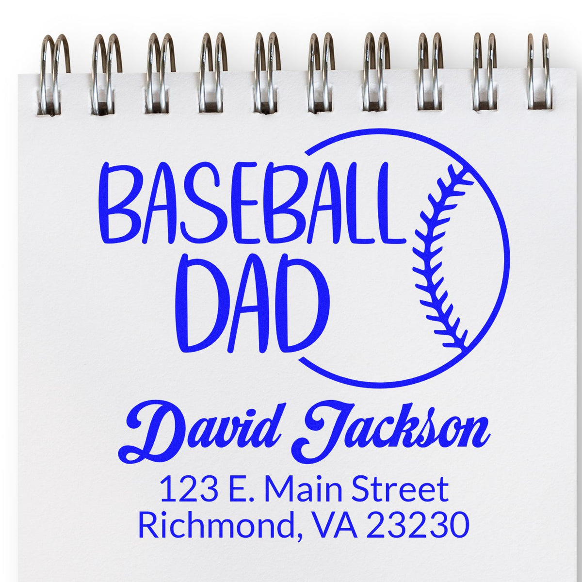 Personalized Baseball Dad rubber stamp with name and address, ideal for custom sports stationery, gifts, and fan mail.