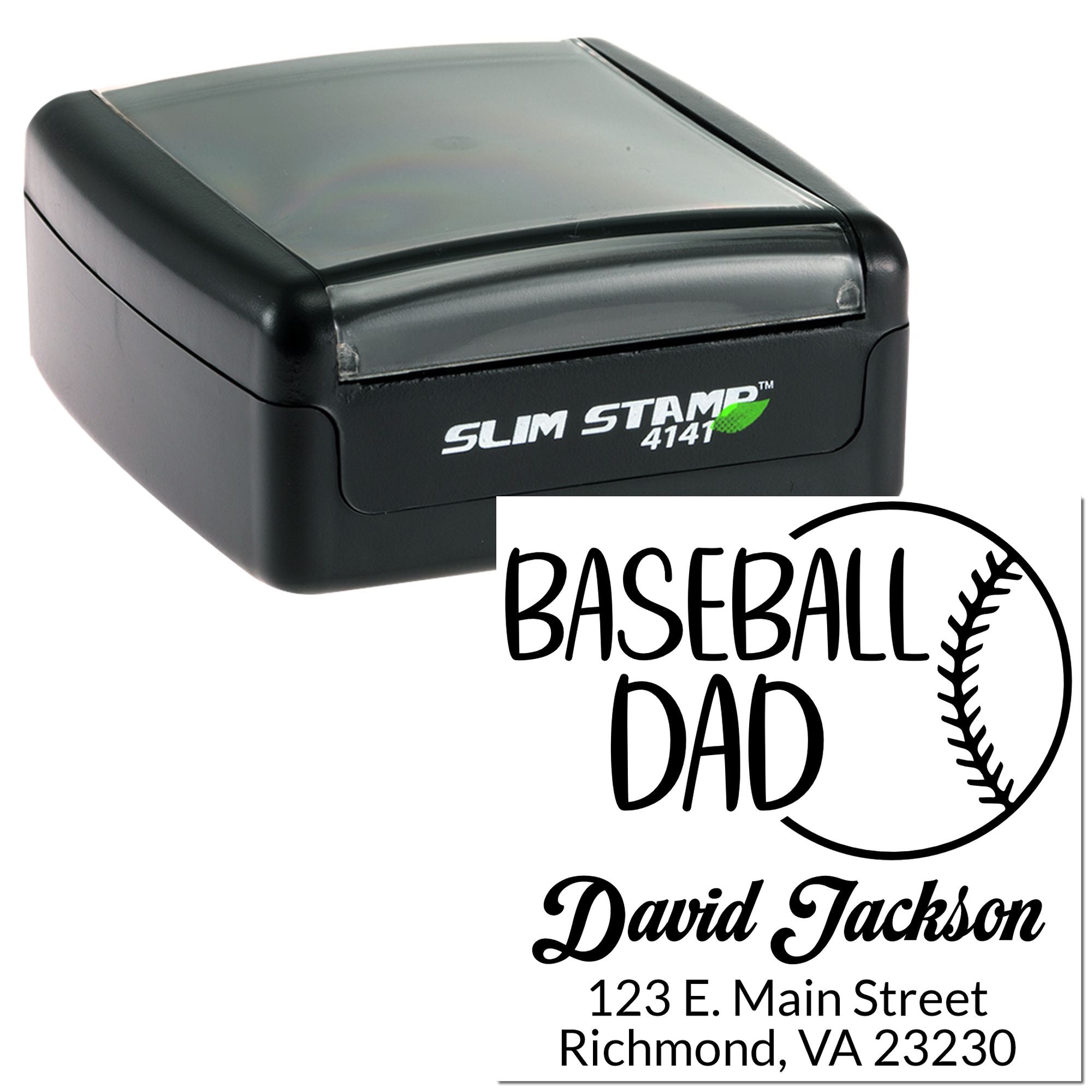 Custom baseball dad self-inking rubber stamp with name, address and baseball design for personalized mailing.